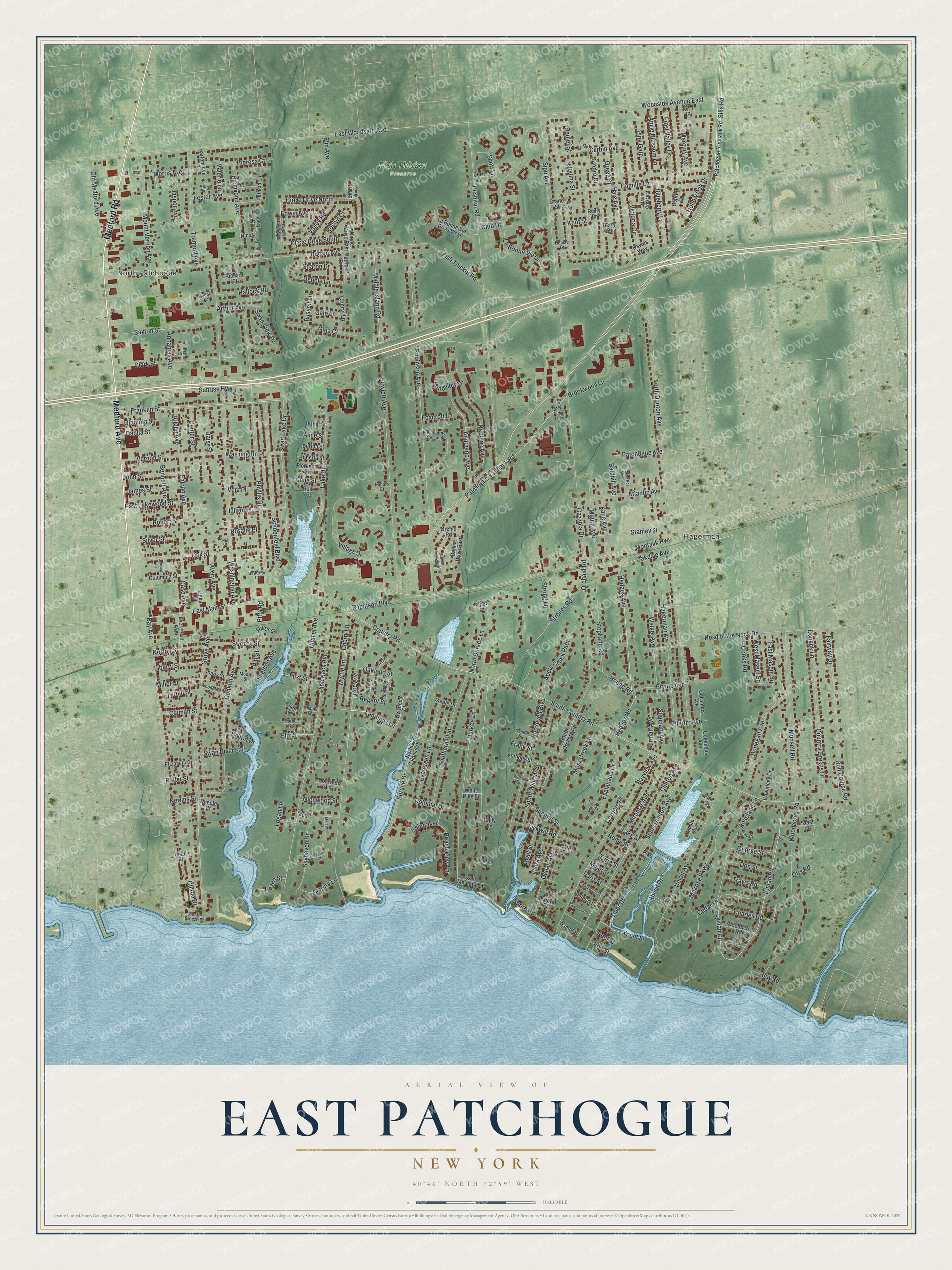 Watermarked full-map preview of East Patchogue, New York