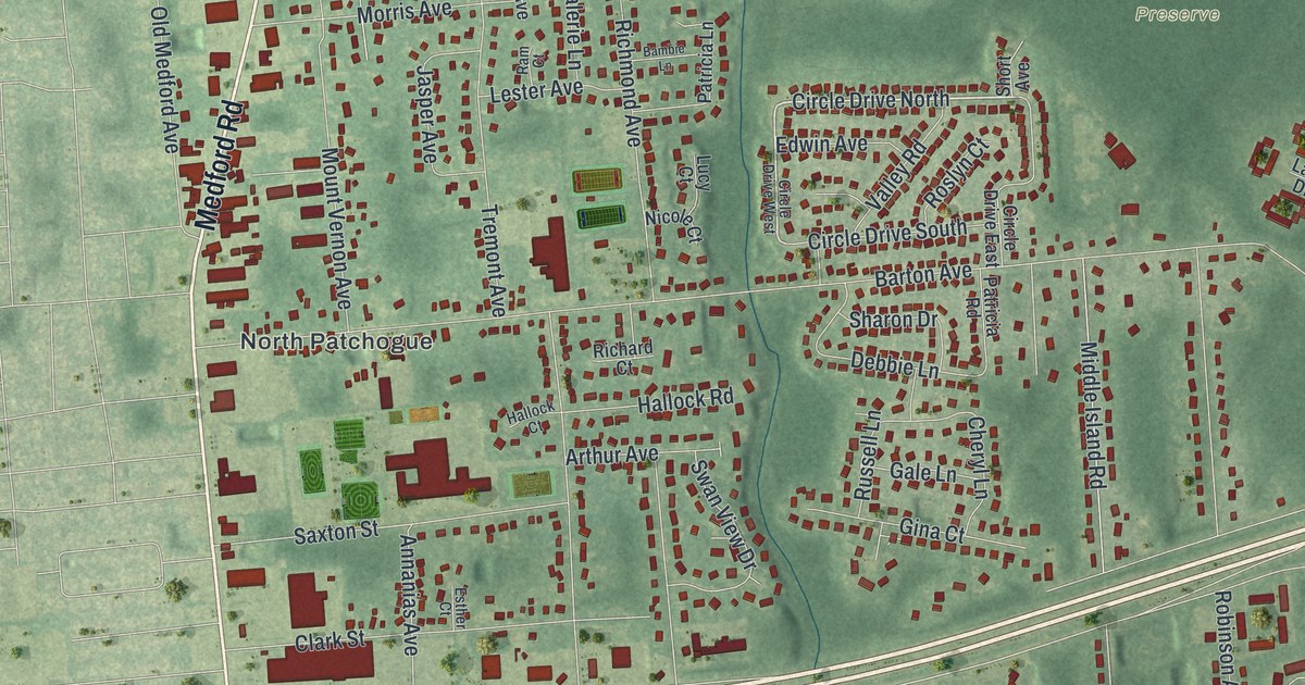 Close-up of streets and buildings in East Patchogue, New York