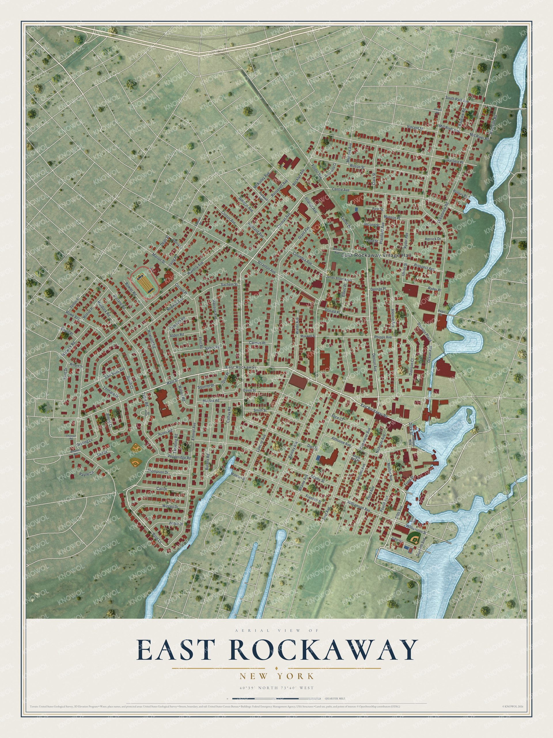 Detailed map of East Rockaway, New York, showing streets and buildings