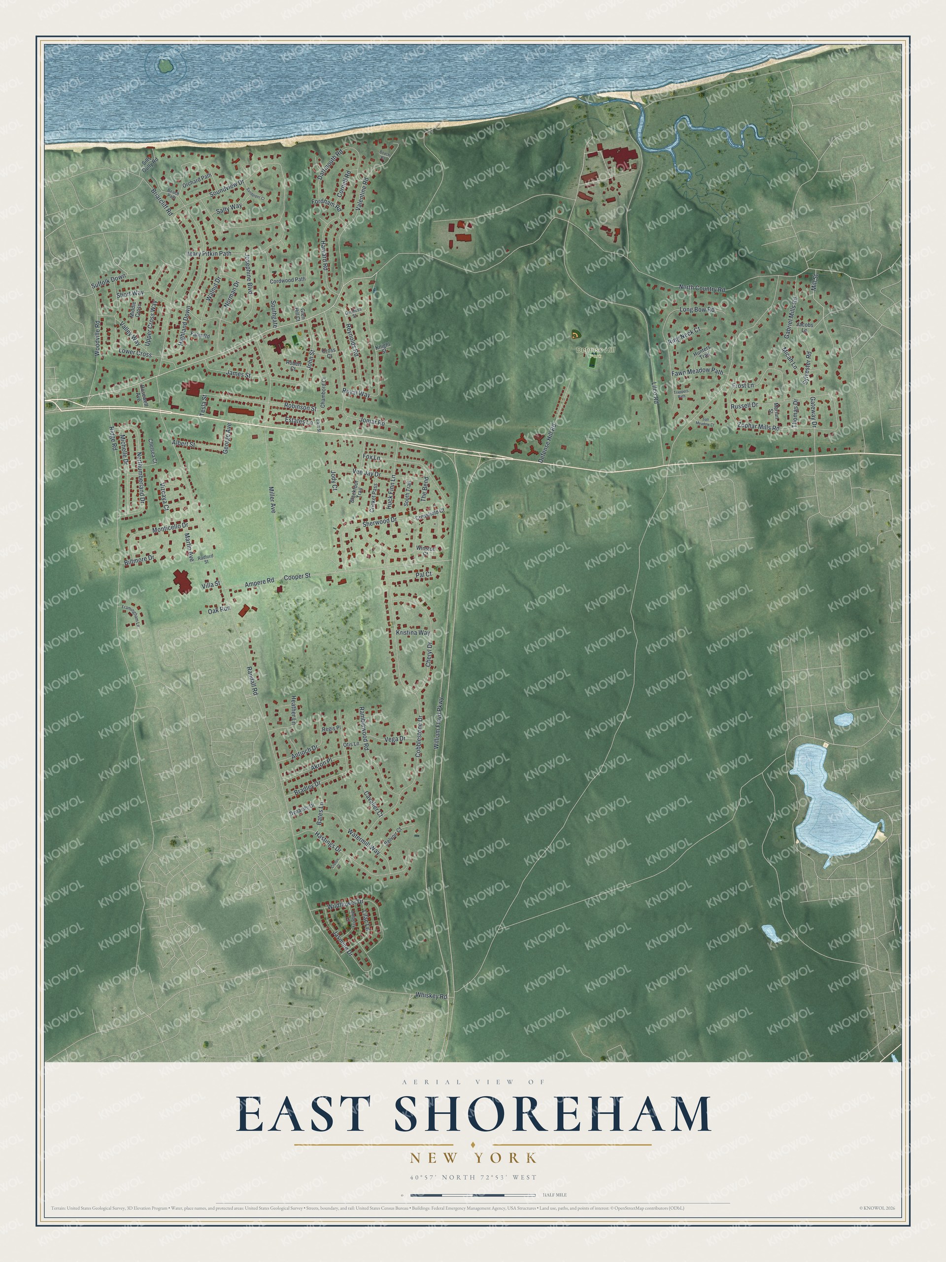 Detailed map of East Shoreham, New York, showing streets, buildings, beaches, and parks