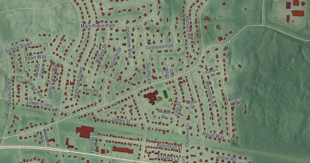 Close-up of streets and buildings in East Shoreham, New York