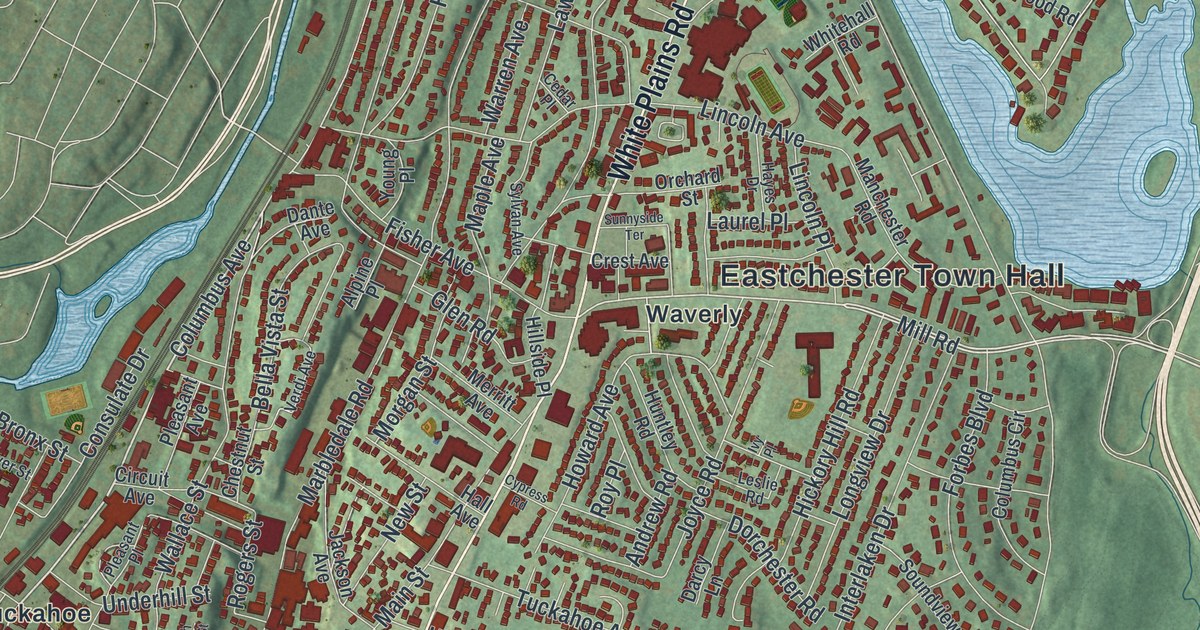 Close-up of streets and buildings in Eastchester, New York