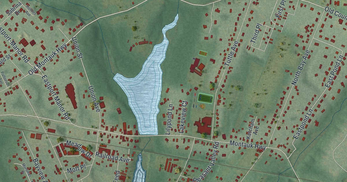 Close-up of streets and buildings in Eastport, New York