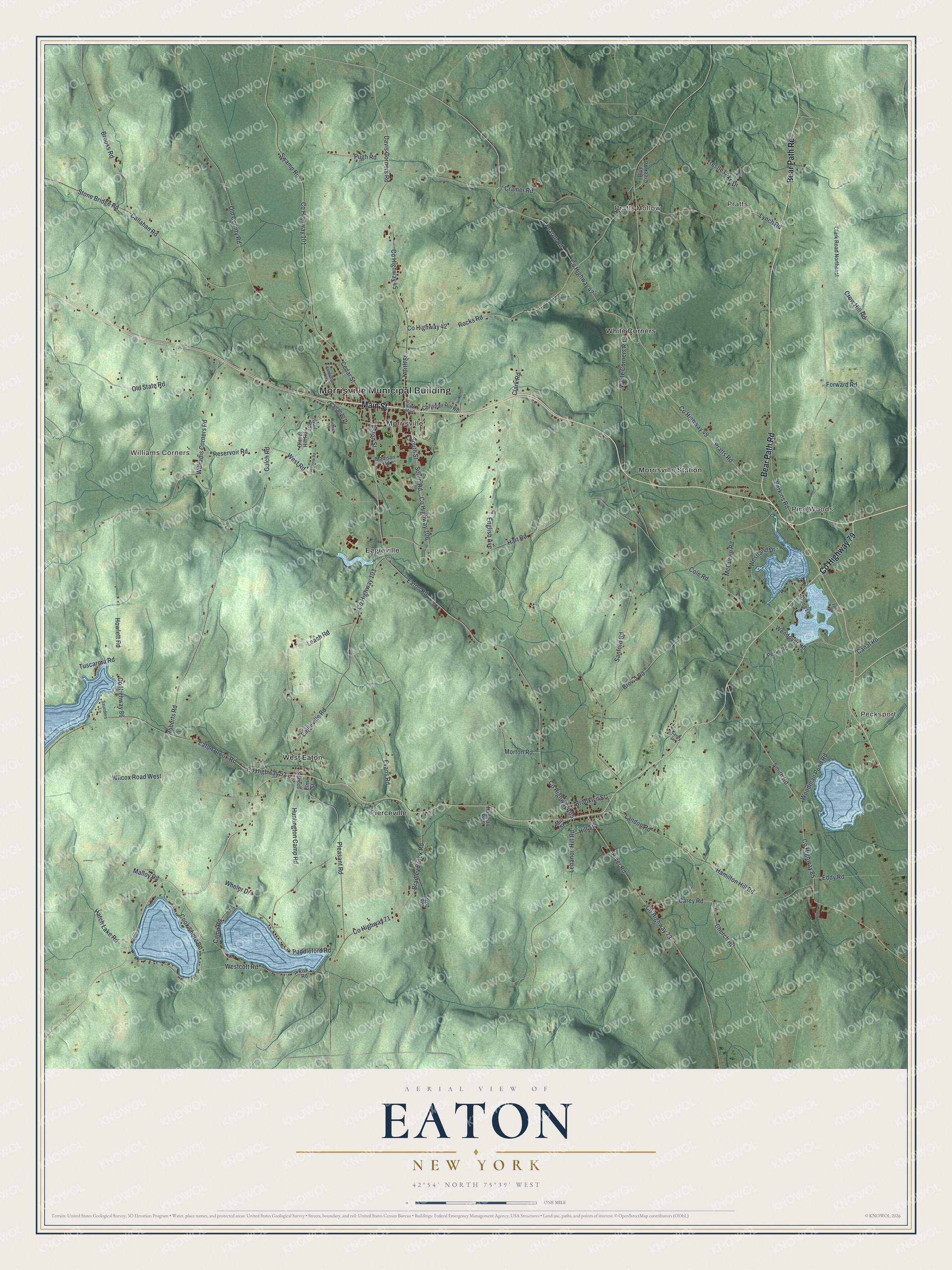 Detailed map of Eaton, New York, showing streets, buildings, and neighborhoods