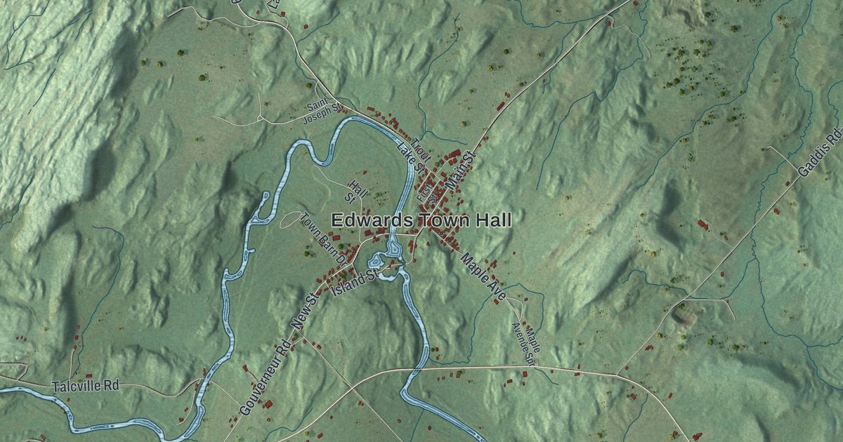 Close-up of streets and buildings in Edwards, New York