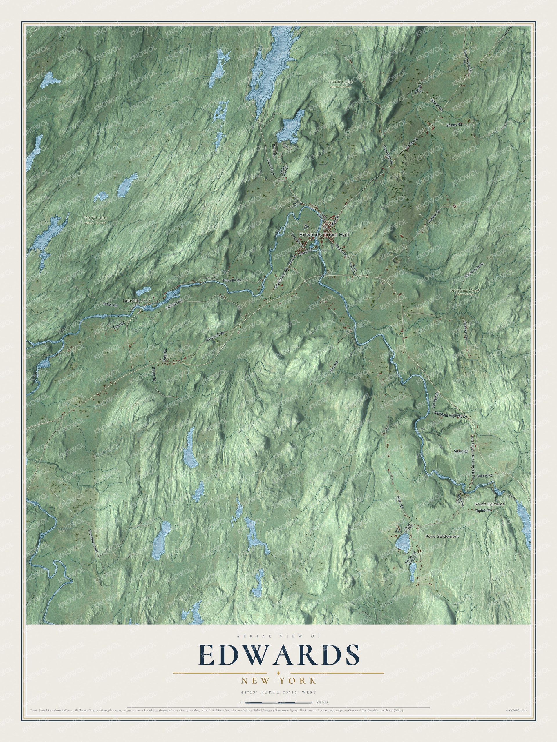 Detailed map of Edwards, New York, showing streets, buildings, neighborhoods, and parks