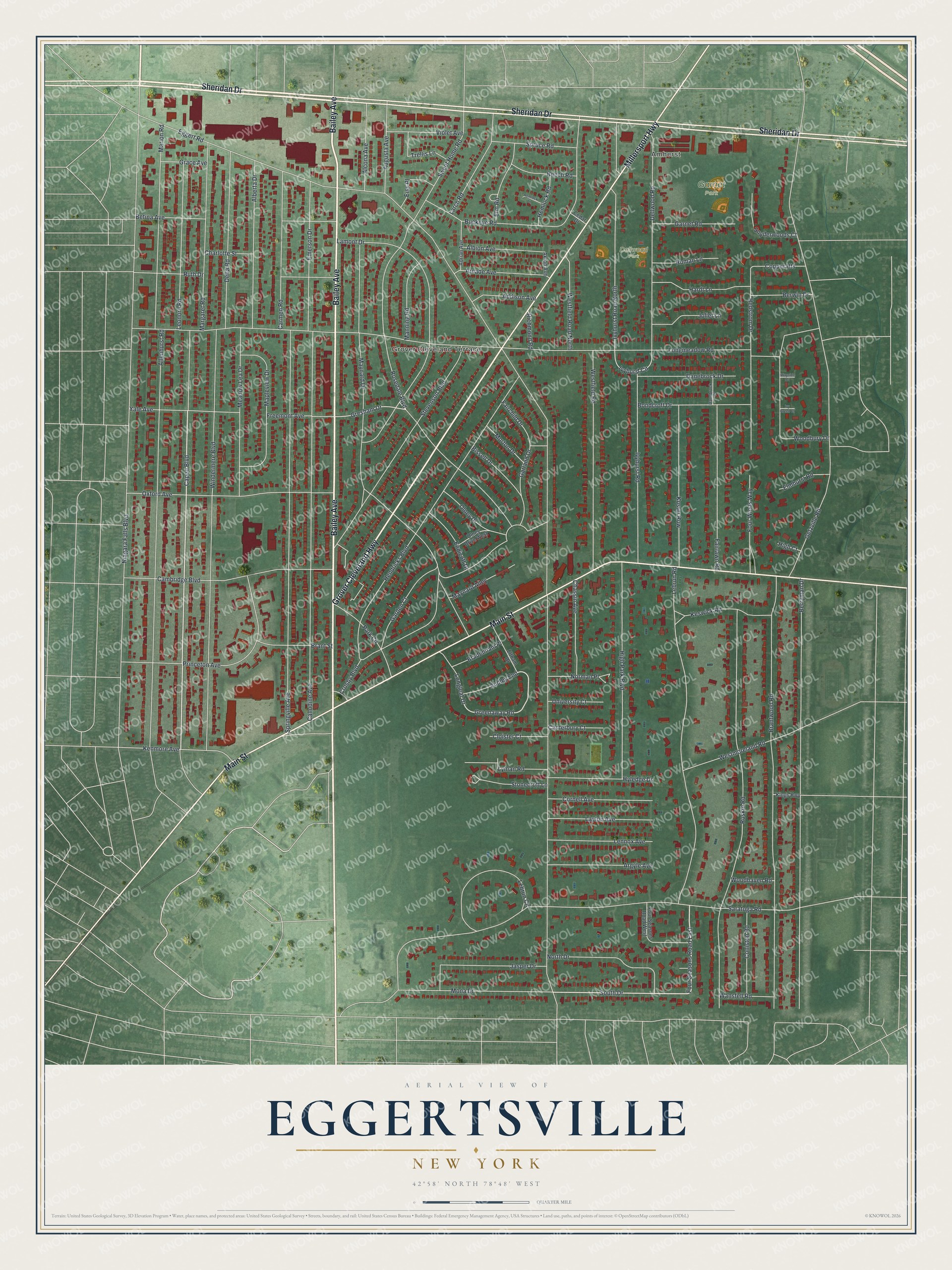 Detailed map of Eggertsville, New York, showing streets, buildings, neighborhoods, and parks