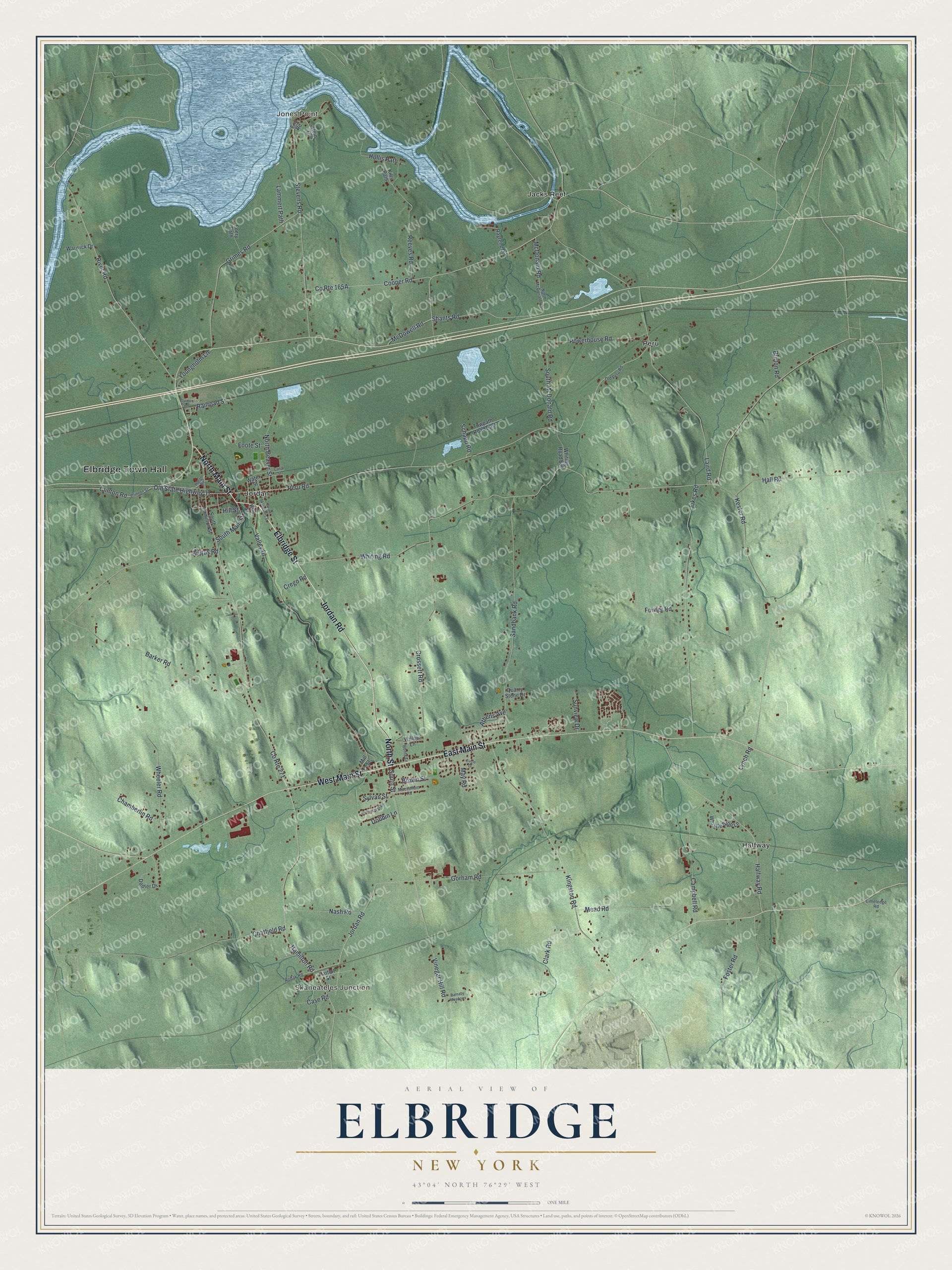 Detailed map of Elbridge, New York, showing streets, buildings, and neighborhoods