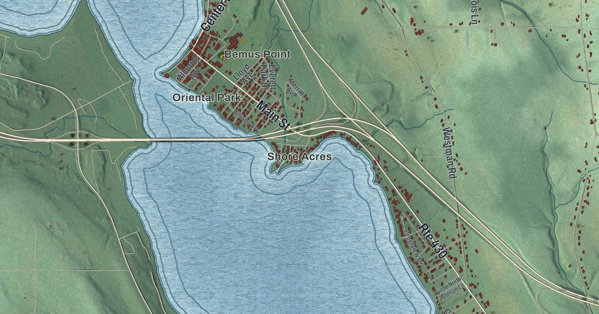 Close-up of streets and buildings in Ellery, New York