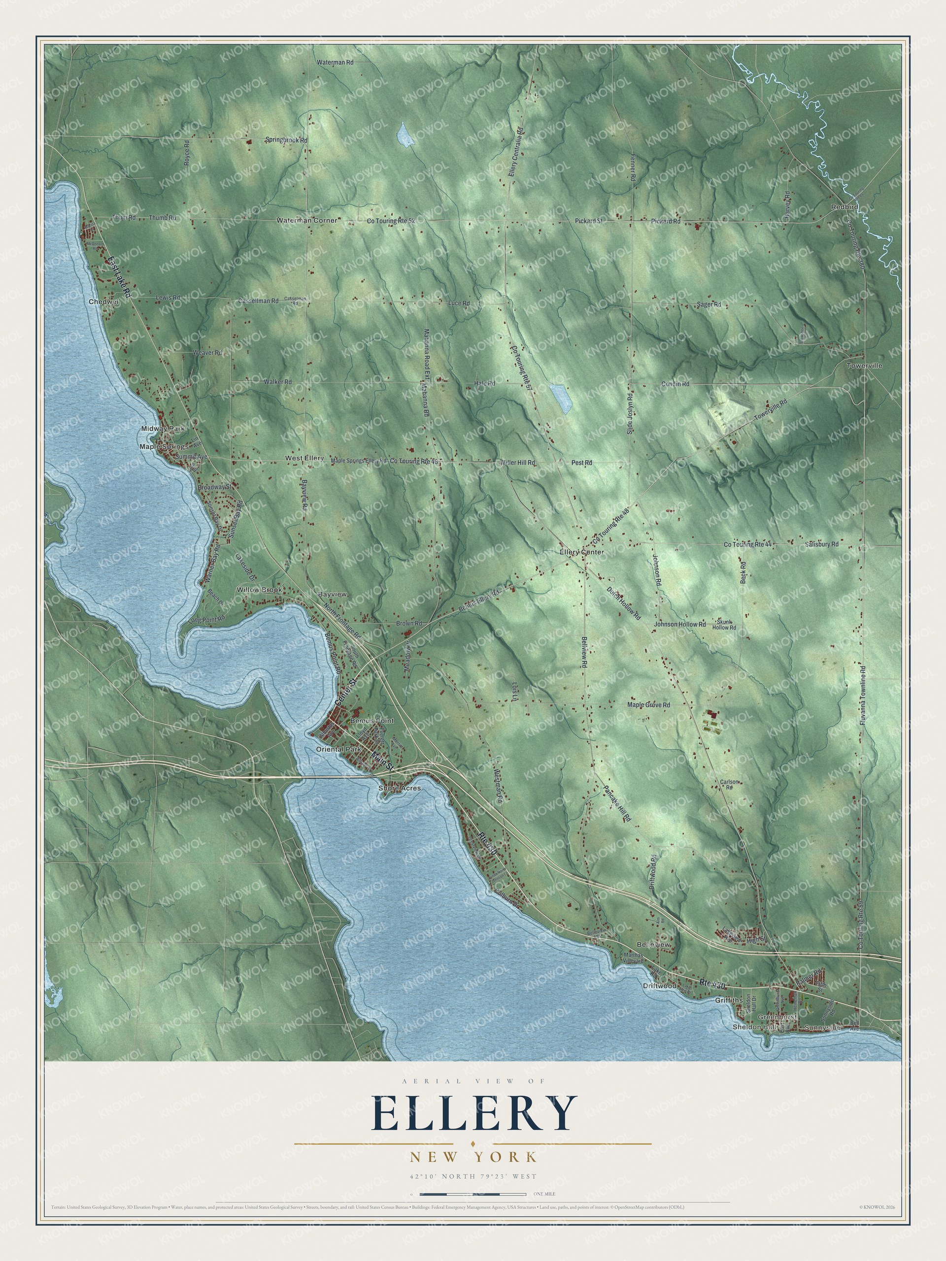 Detailed map of Ellery, New York, showing streets, buildings, and neighborhoods