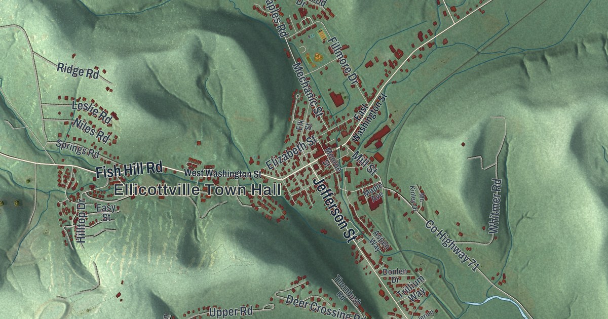 Close-up of streets and buildings in Ellicottville, New York