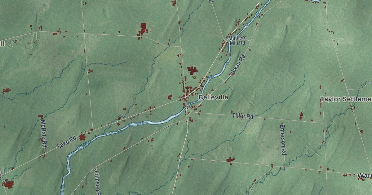 Close-up of streets and buildings in Ellisburg, New York