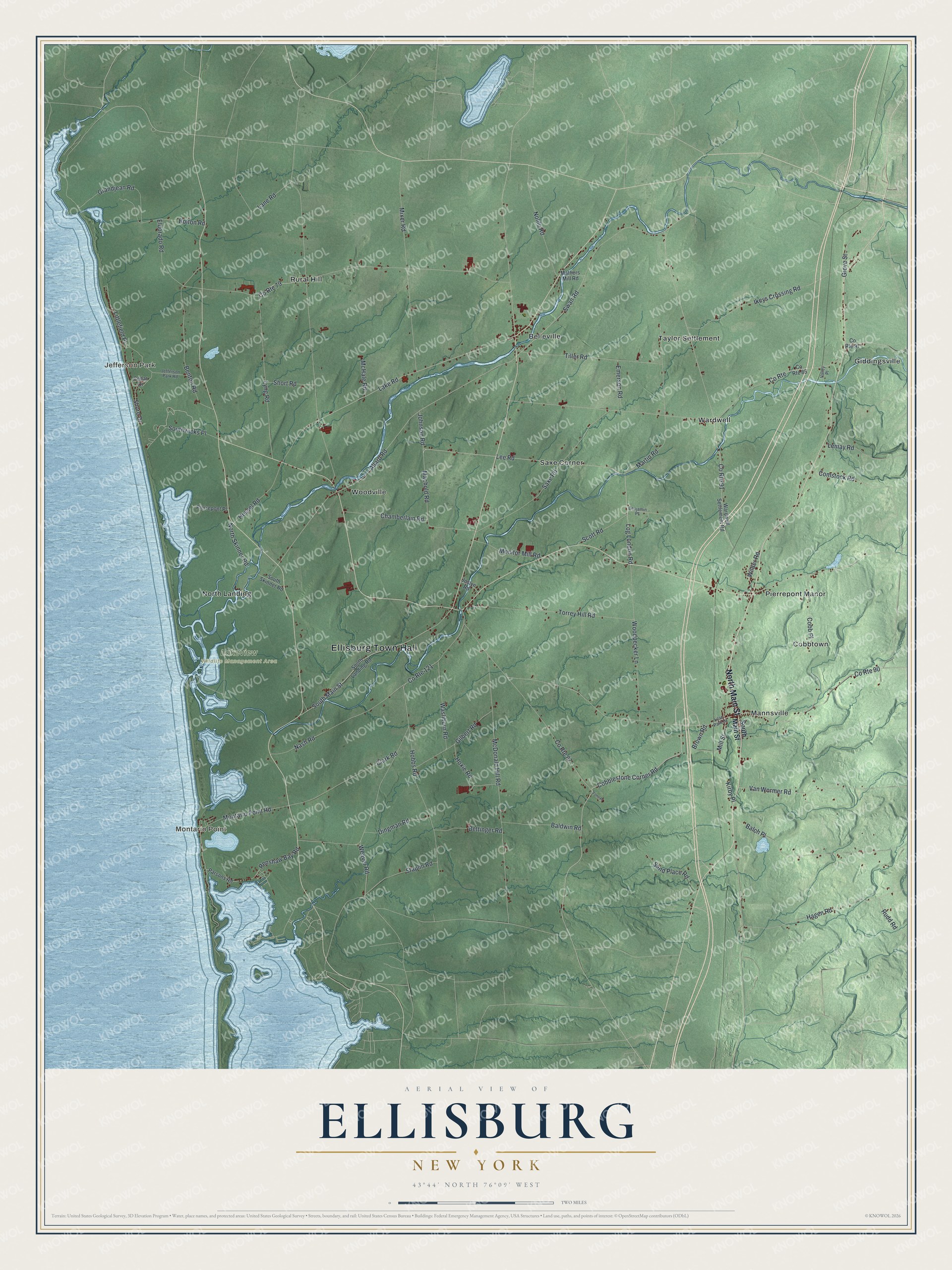 Detailed map of Ellisburg, New York, showing streets, buildings, neighborhoods, and parks