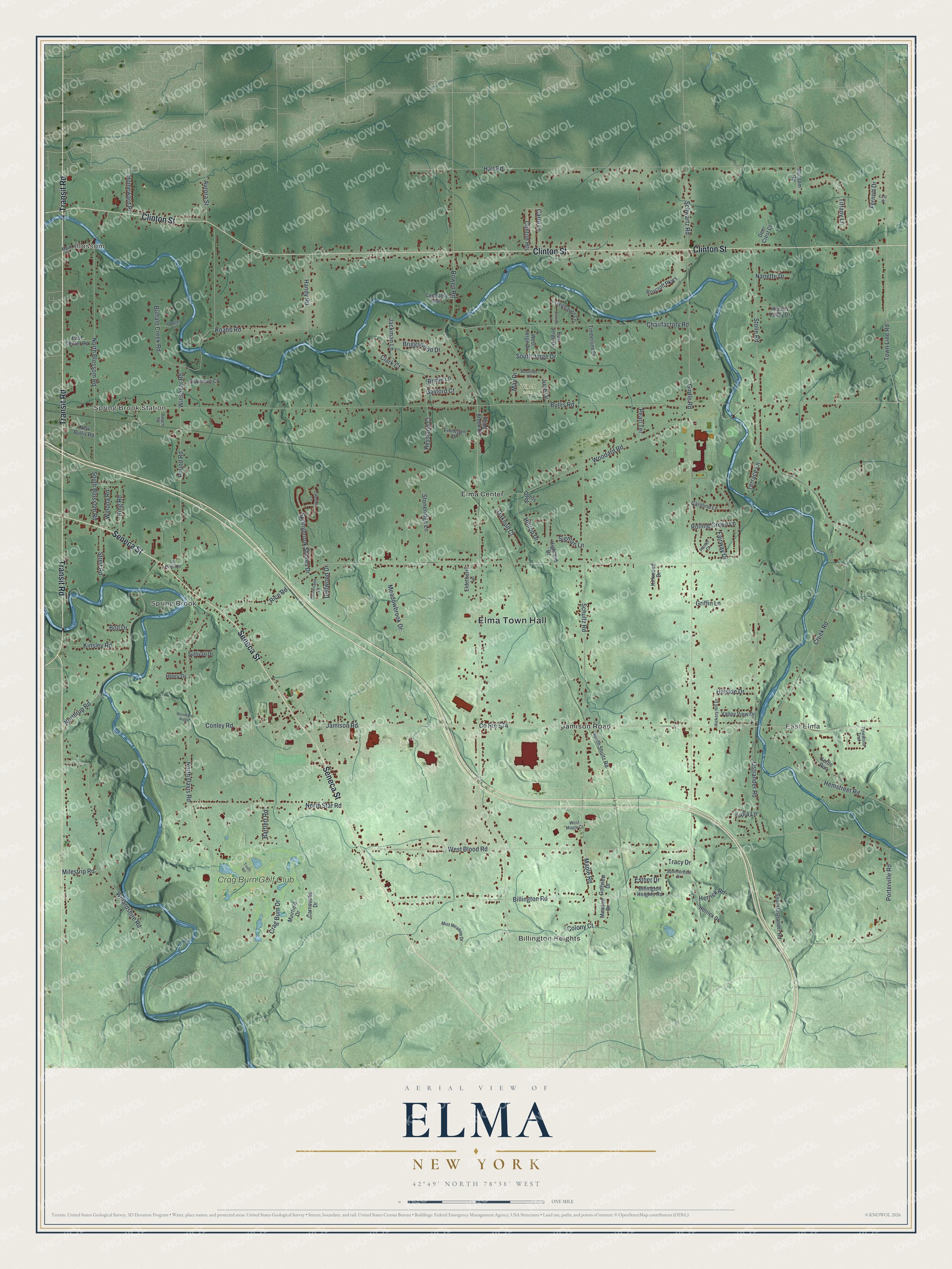 Detailed map of Elma, New York, showing streets, buildings, and neighborhoods