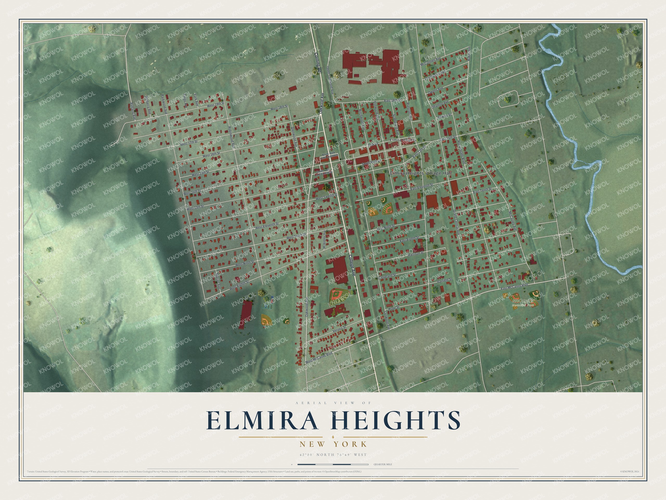 Detailed map of Elmira Heights, New York, showing streets, buildings, and parks