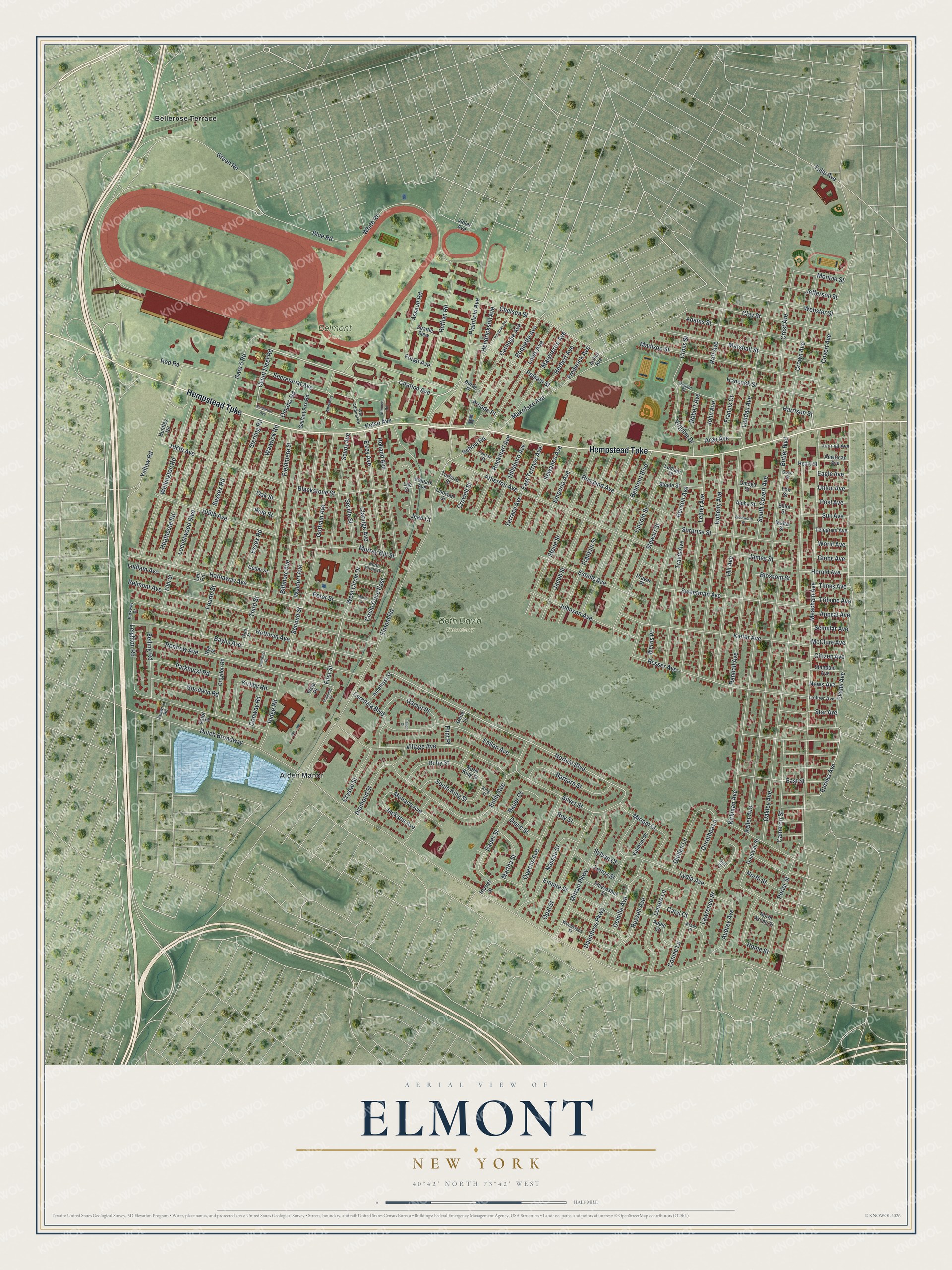Detailed map of Elmont, New York, showing streets, buildings, and parks