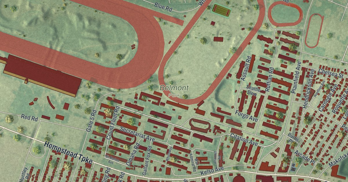 Close-up of streets and buildings in Elmont, New York