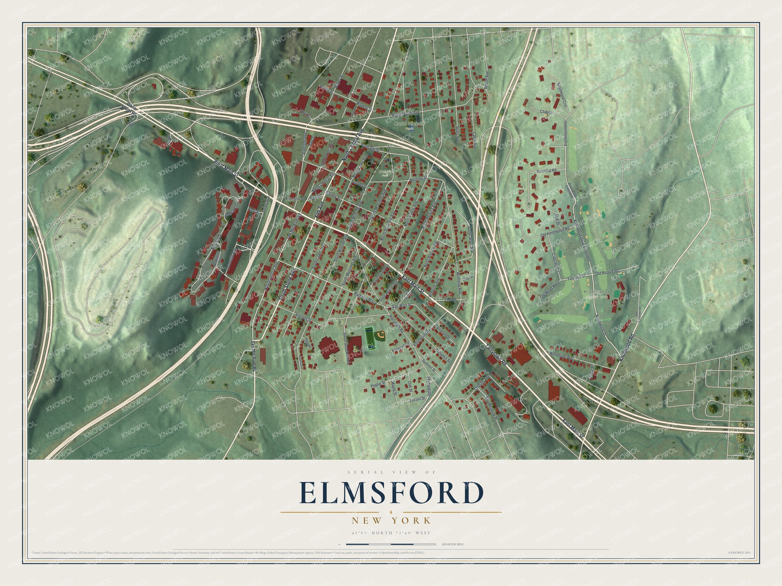 Detailed map of Elmsford, New York, showing streets, buildings, and parks