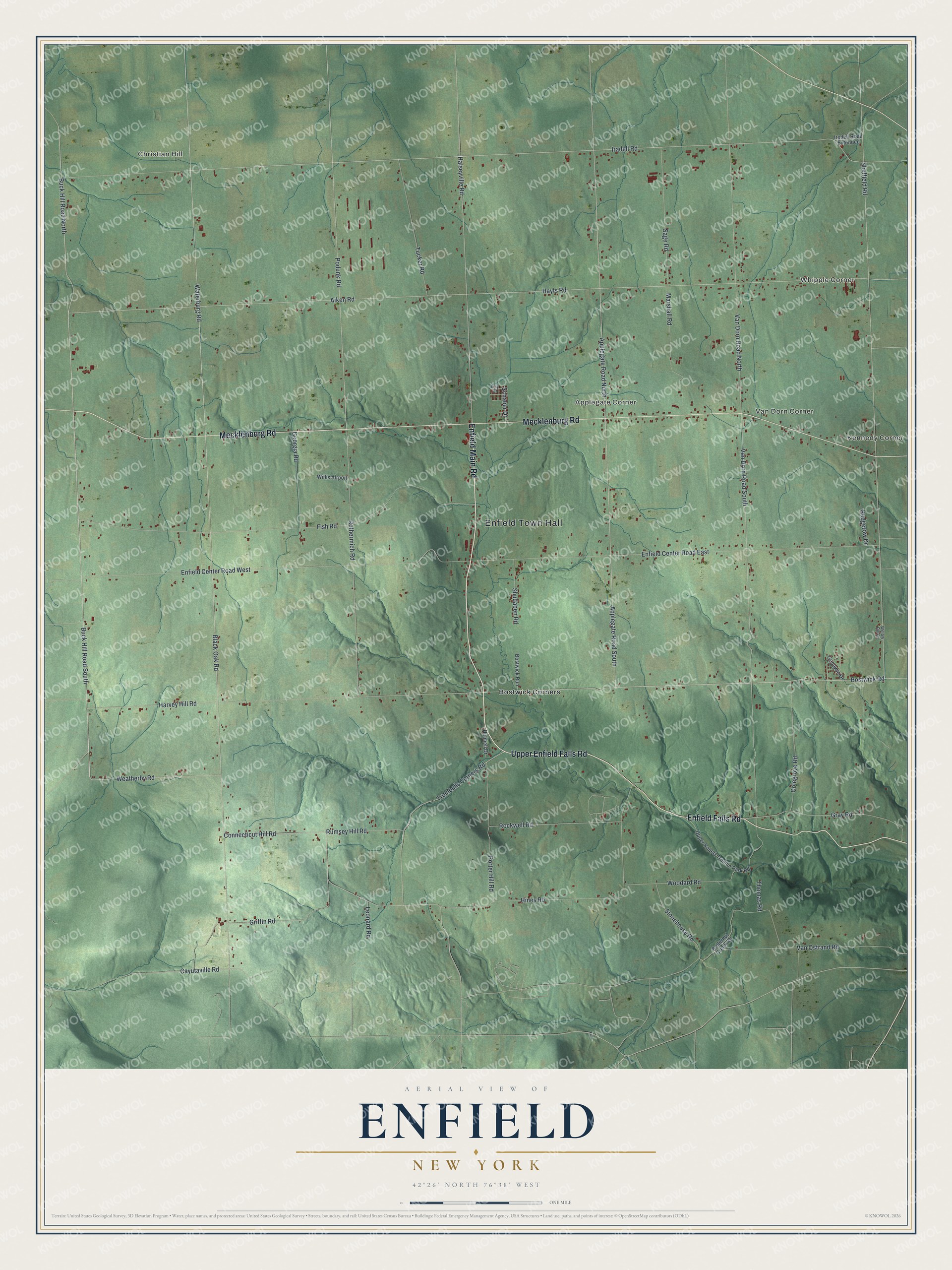 Detailed map of Enfield, New York, showing streets, buildings, and neighborhoods