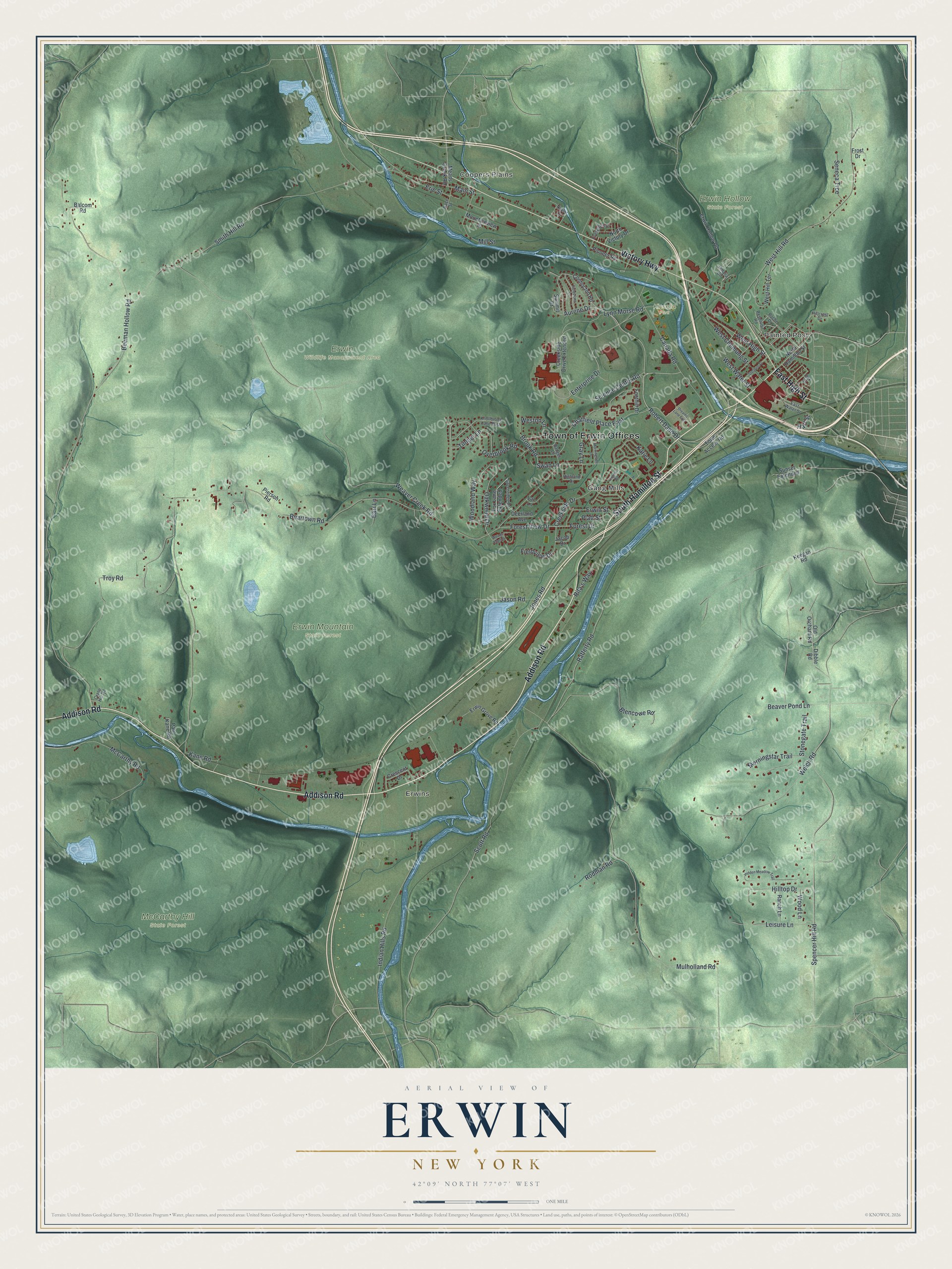 Detailed map of Erwin, New York, showing streets, buildings, neighborhoods, and parks
