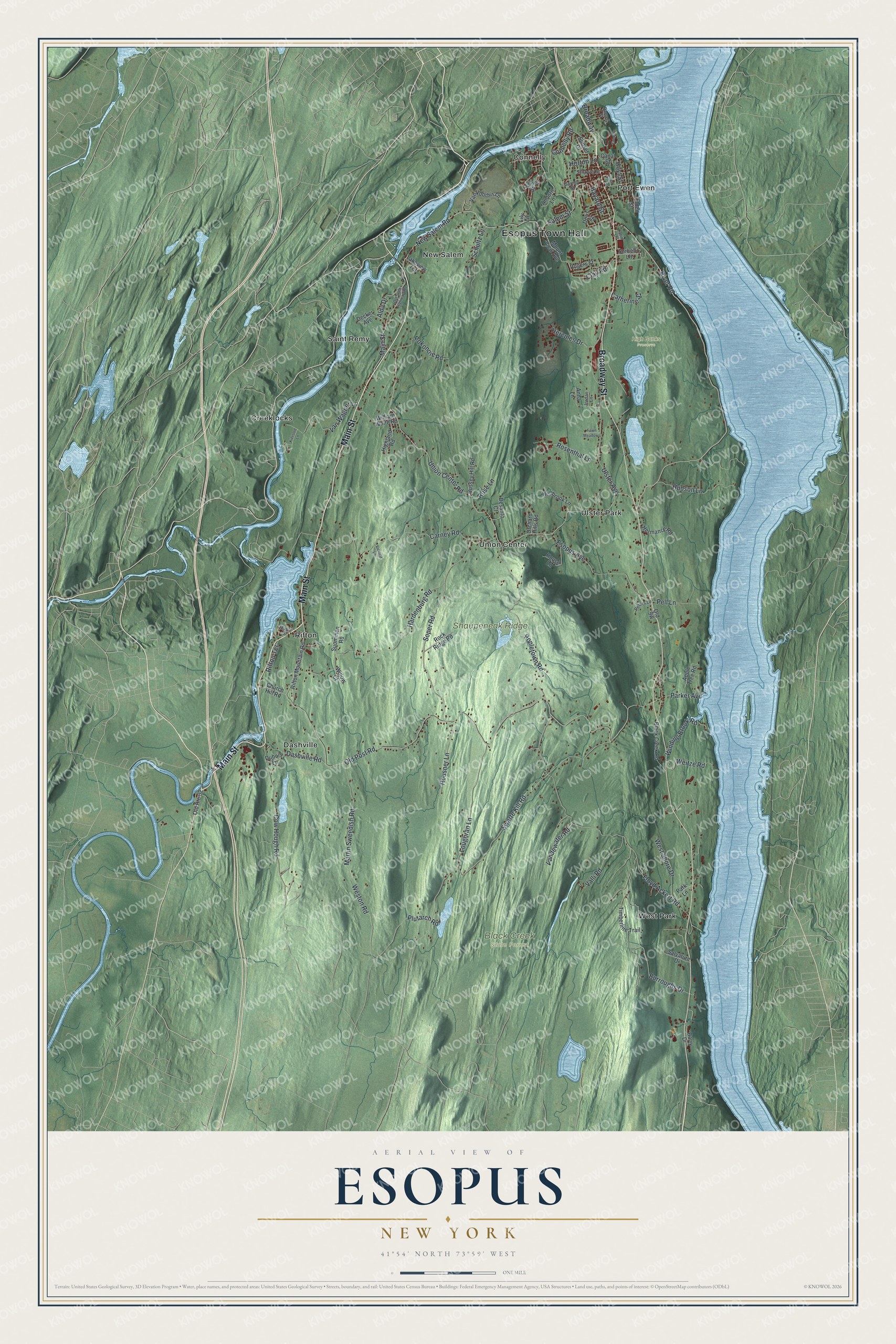 Detailed map of Esopus, New York, showing streets, buildings, neighborhoods, and parks