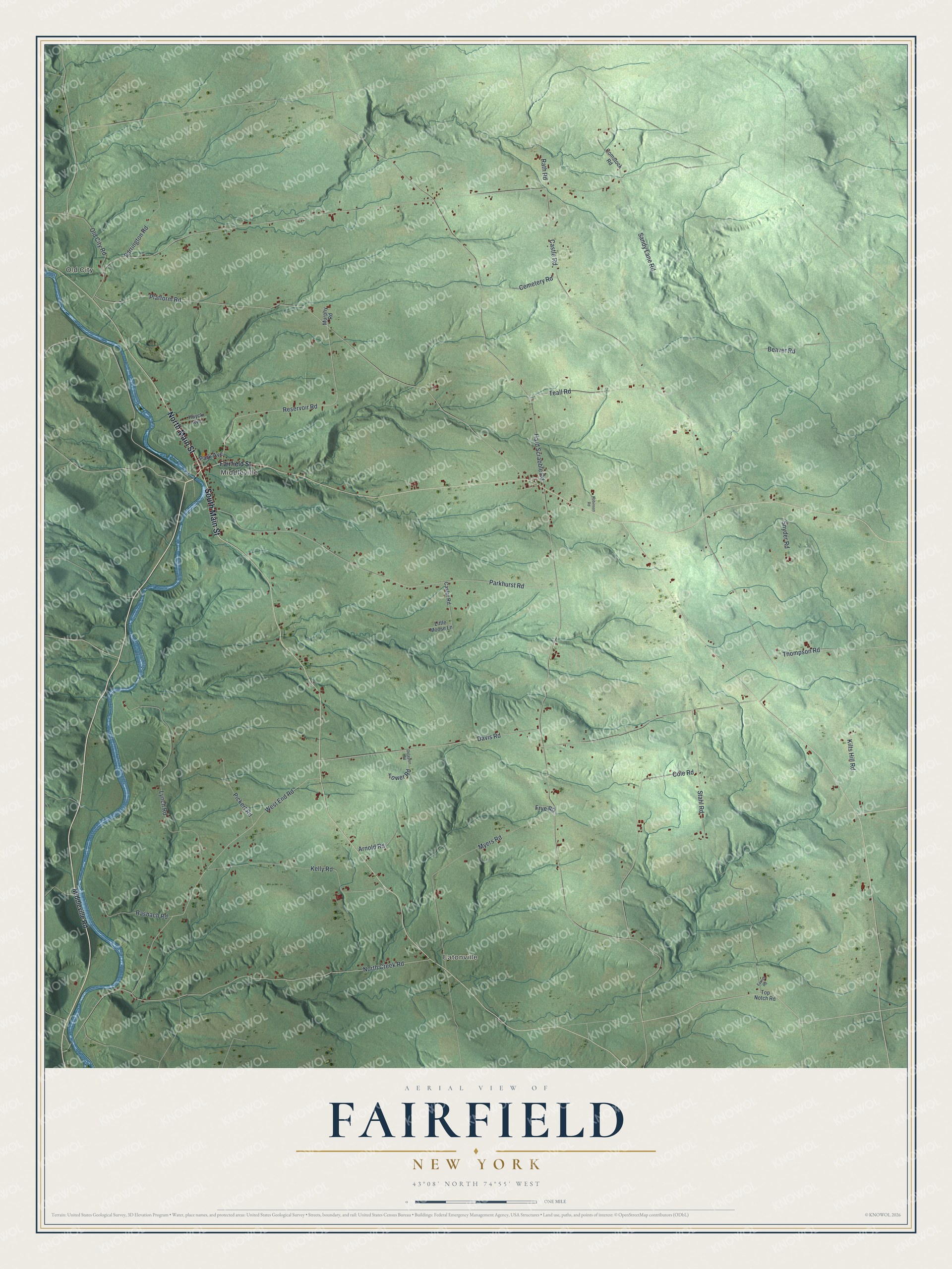 Detailed map of Fairfield, New York, showing streets, buildings, and neighborhoods