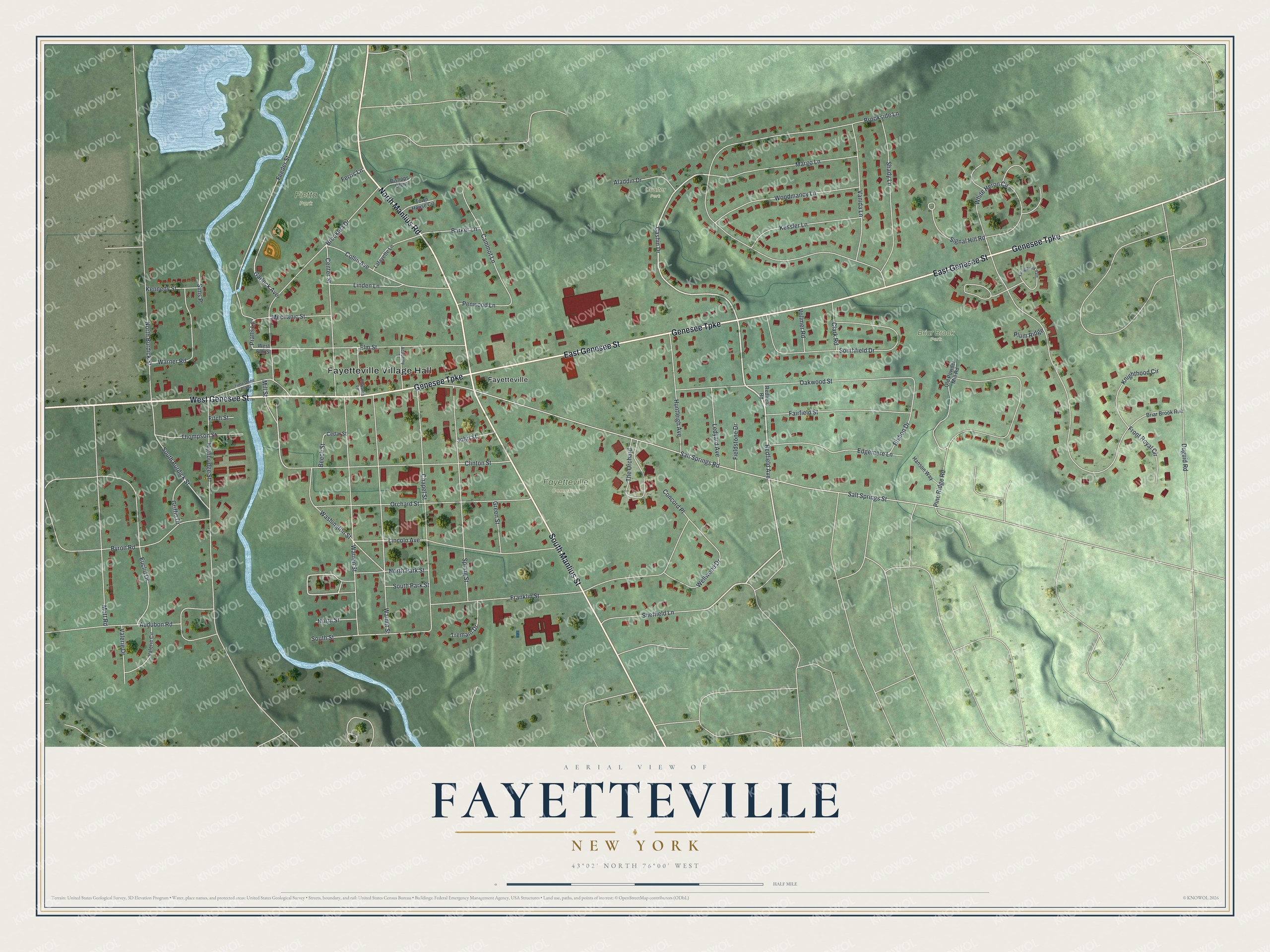 Detailed map of Fayetteville, New York, showing streets, buildings, and parks