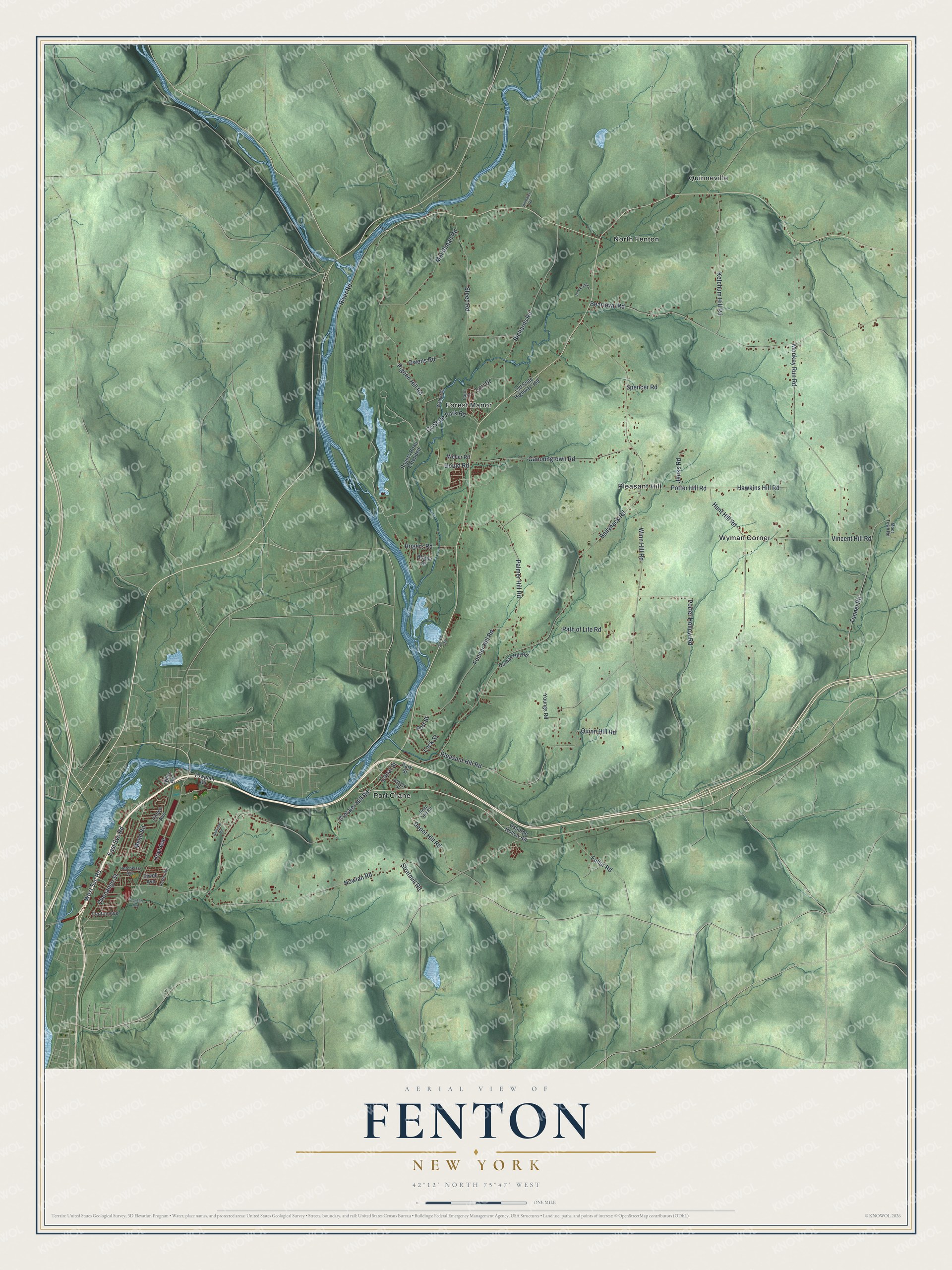 Detailed map of Fenton, New York, showing streets, buildings, and neighborhoods