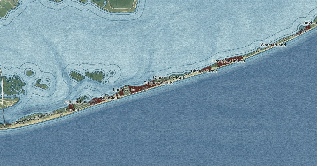 Close-up of streets and buildings in Fire Island, New York