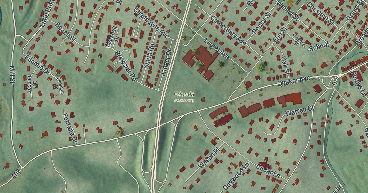 Close-up of streets and buildings in Firthcliffe, New York