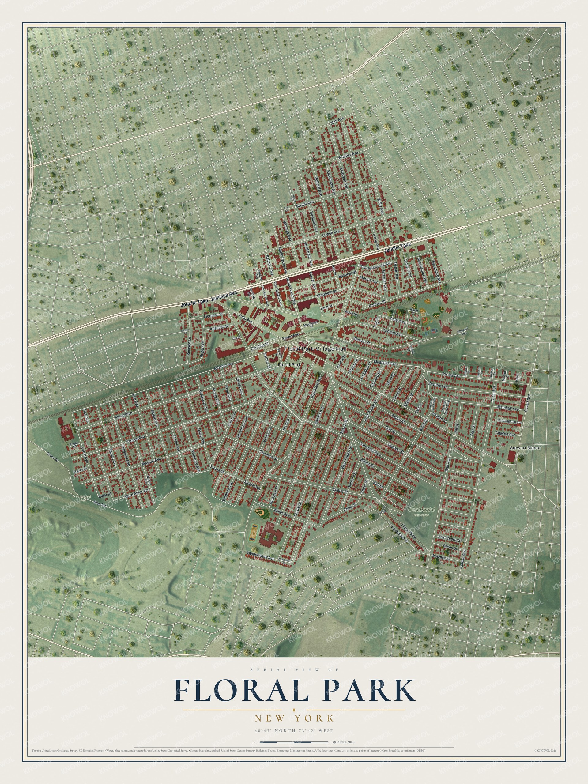 Detailed map of Floral Park, New York, showing streets, buildings, and parks