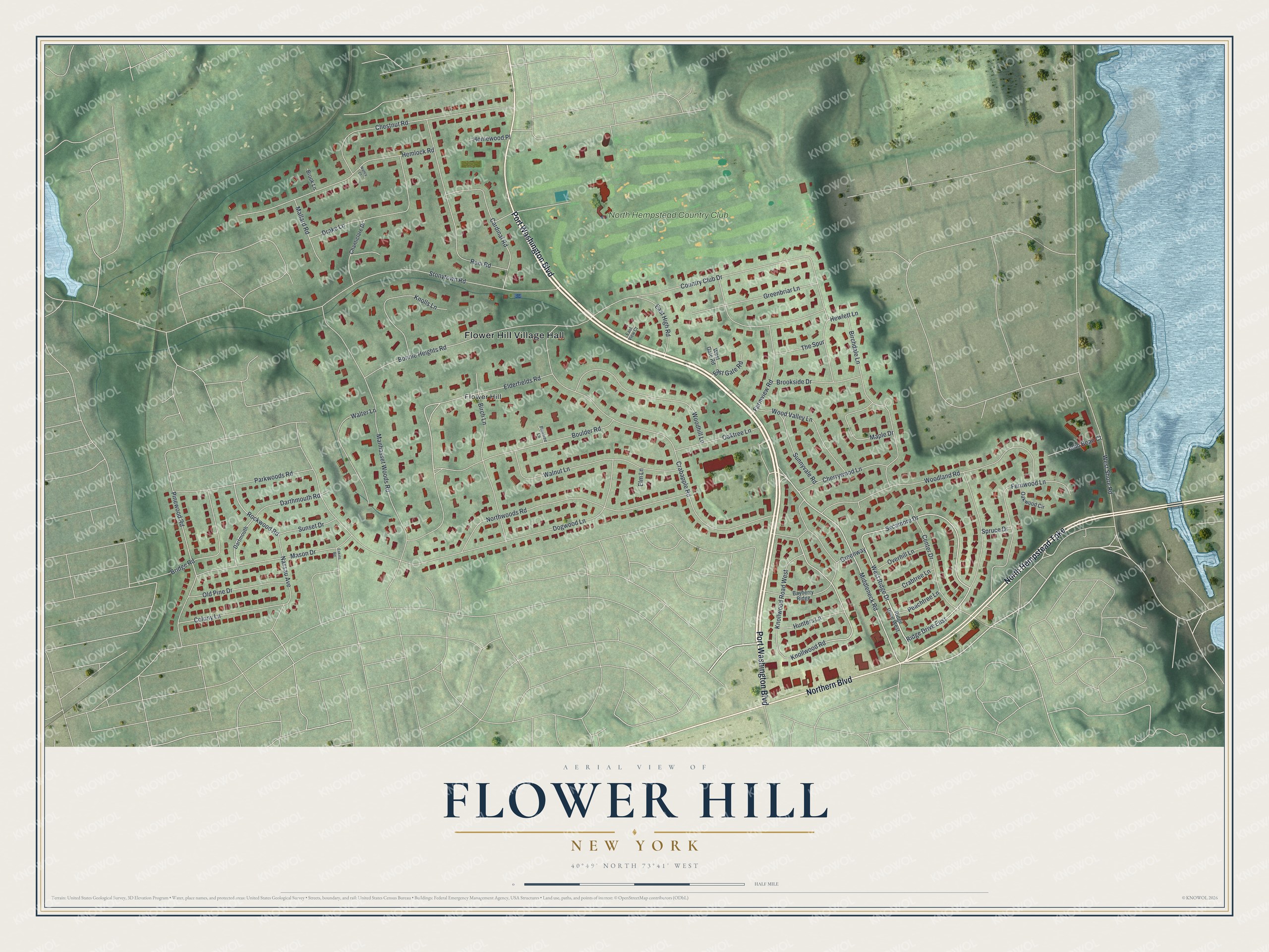 Detailed map of Flower Hill, New York, showing streets and buildings