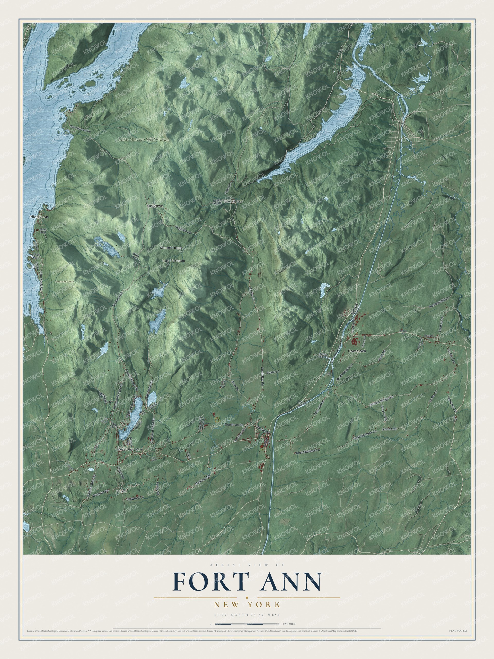 Detailed map of Fort Ann, New York, showing streets, buildings, neighborhoods, and parks
