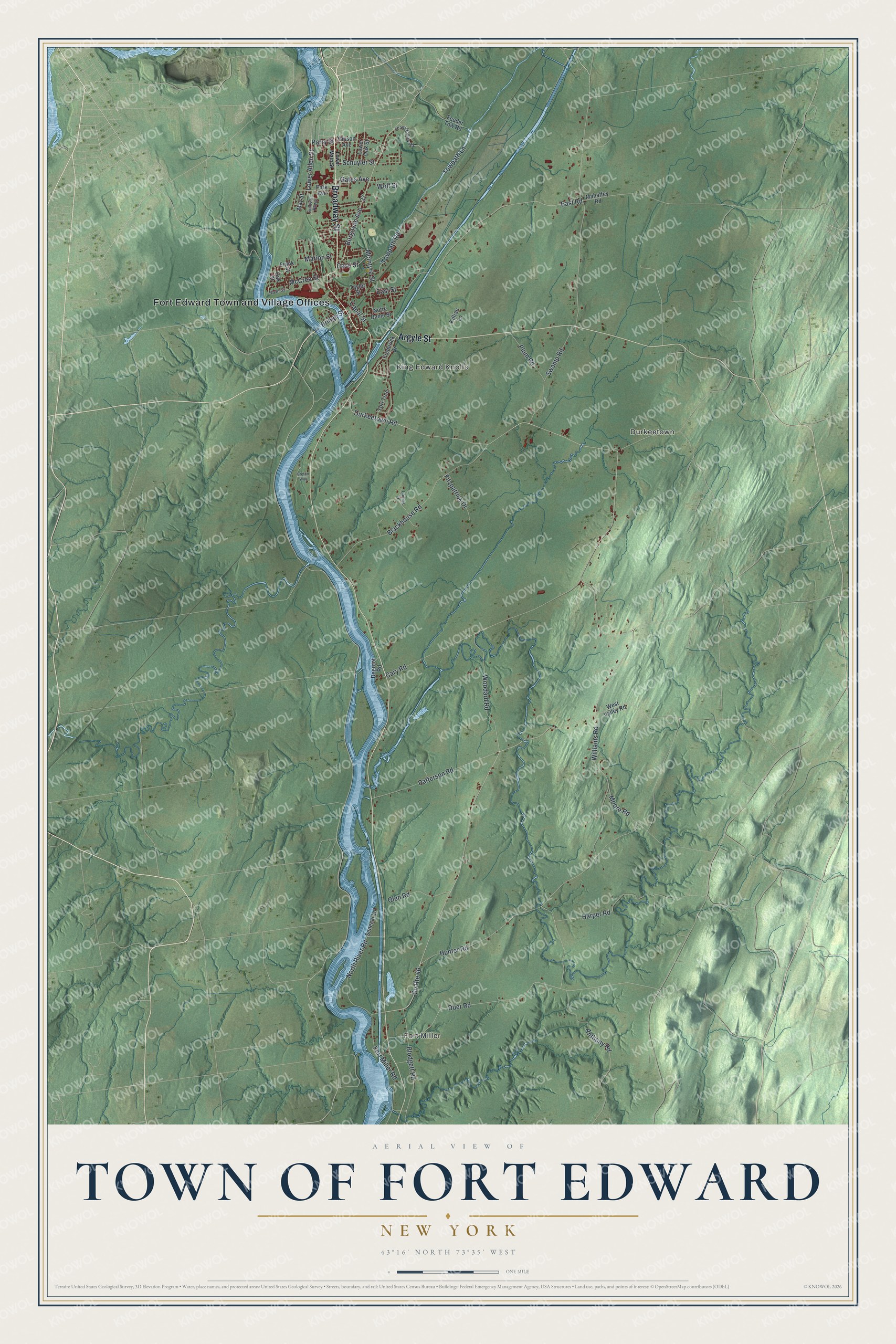 Detailed map of the Town of Fort Edward, New York, showing streets, buildings, and neighborhoods