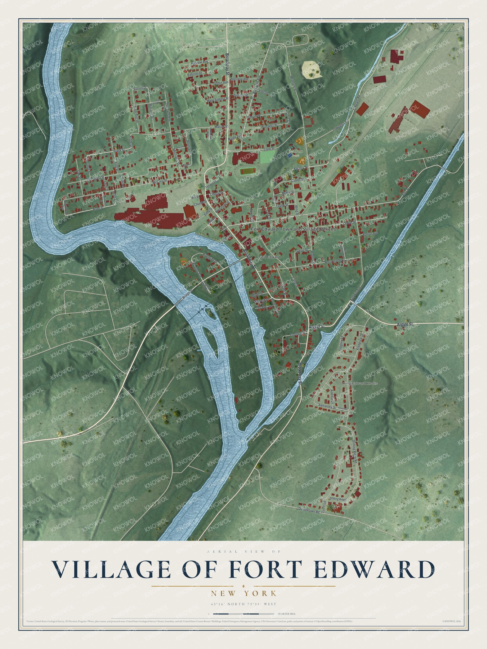 Detailed map of the Village of Fort Edward, New York, showing streets, buildings, and parks