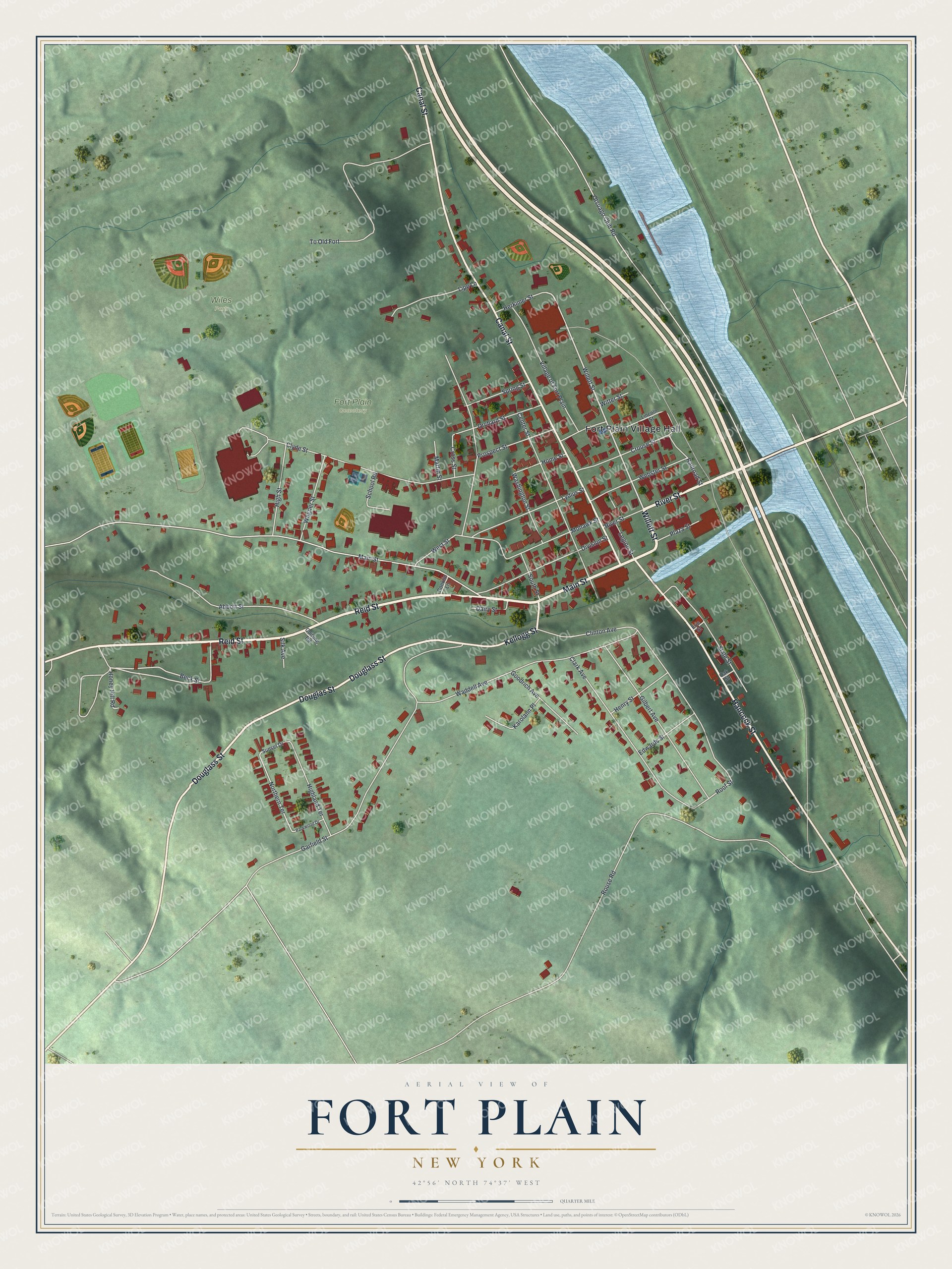 Detailed map of Fort Plain, New York, showing streets, buildings, and parks