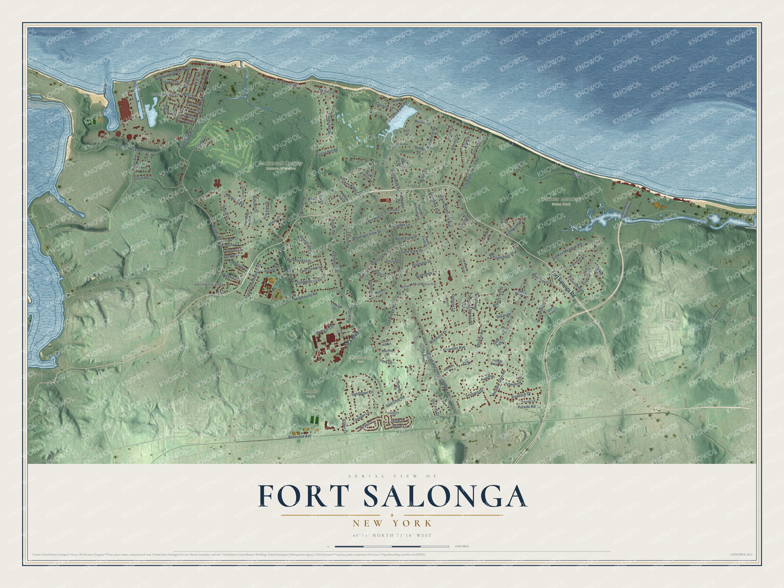 Detailed map of Fort Salonga, New York, showing streets, buildings, neighborhoods, beaches, and parks