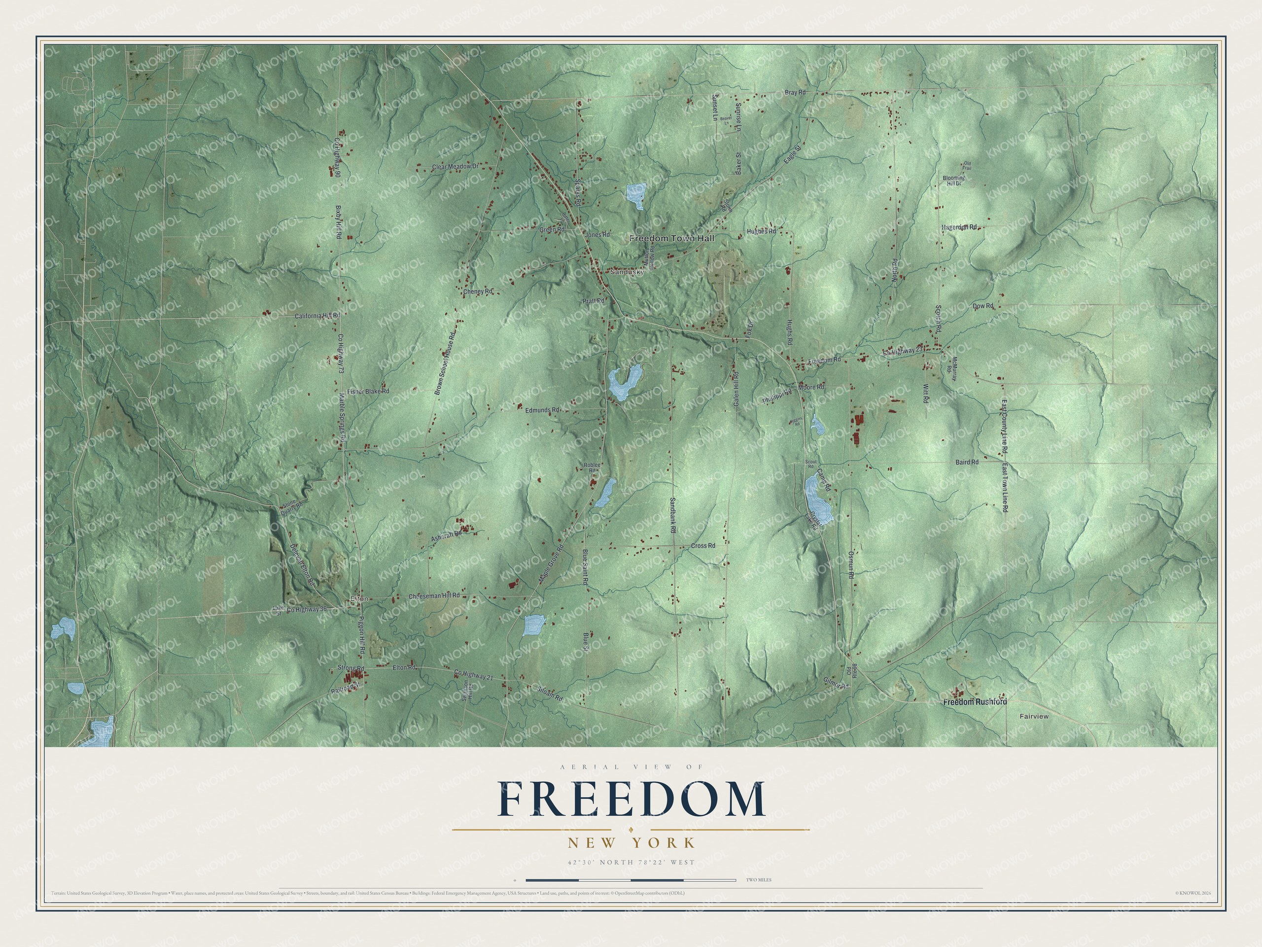 Detailed map of Freedom, New York, showing streets, buildings, and neighborhoods