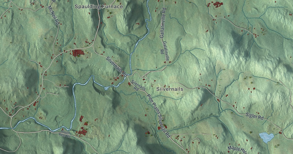 Close-up of streets and buildings in Gallatin, New York