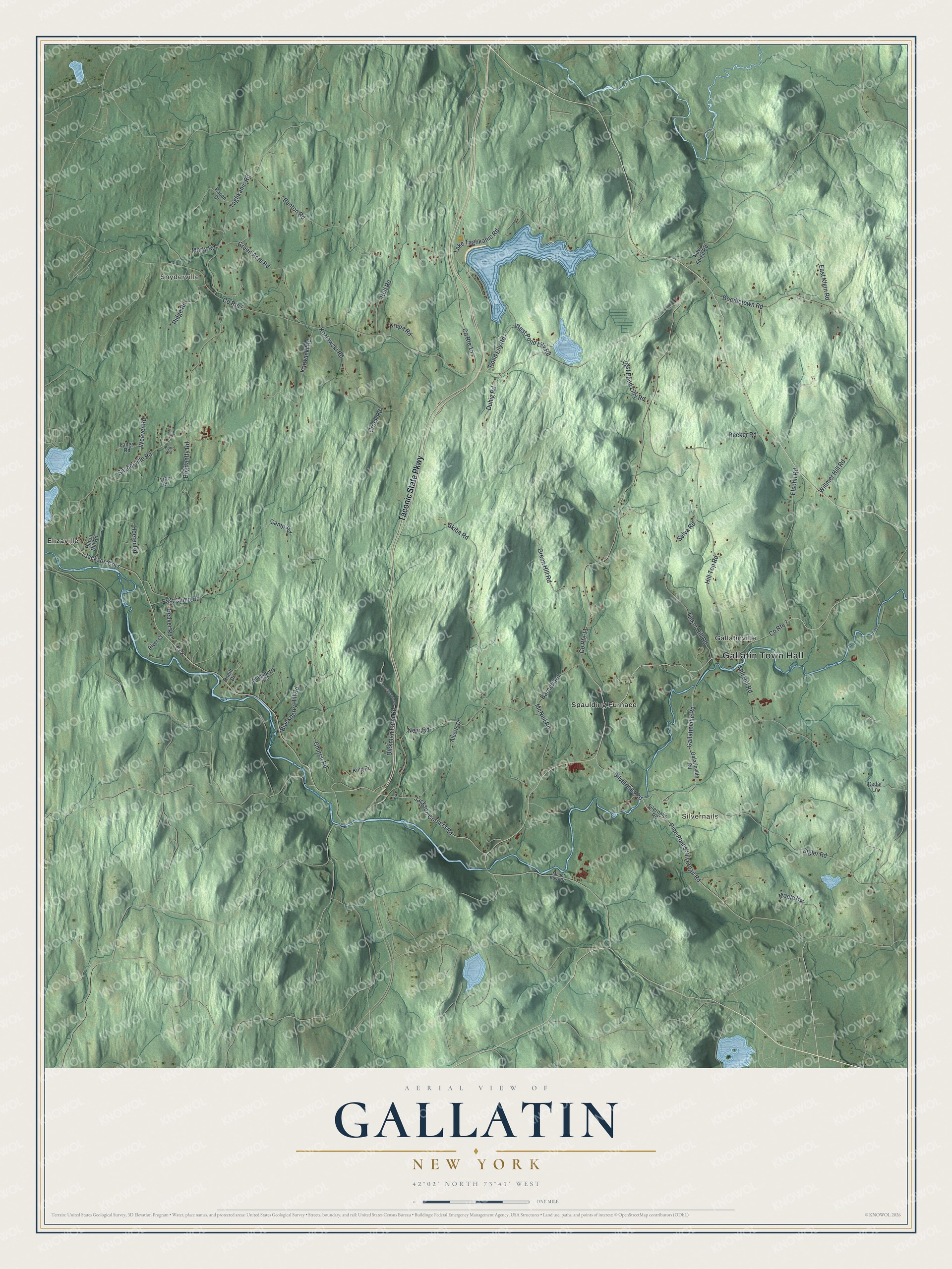 Detailed map of Gallatin, New York, showing streets, buildings, and neighborhoods
