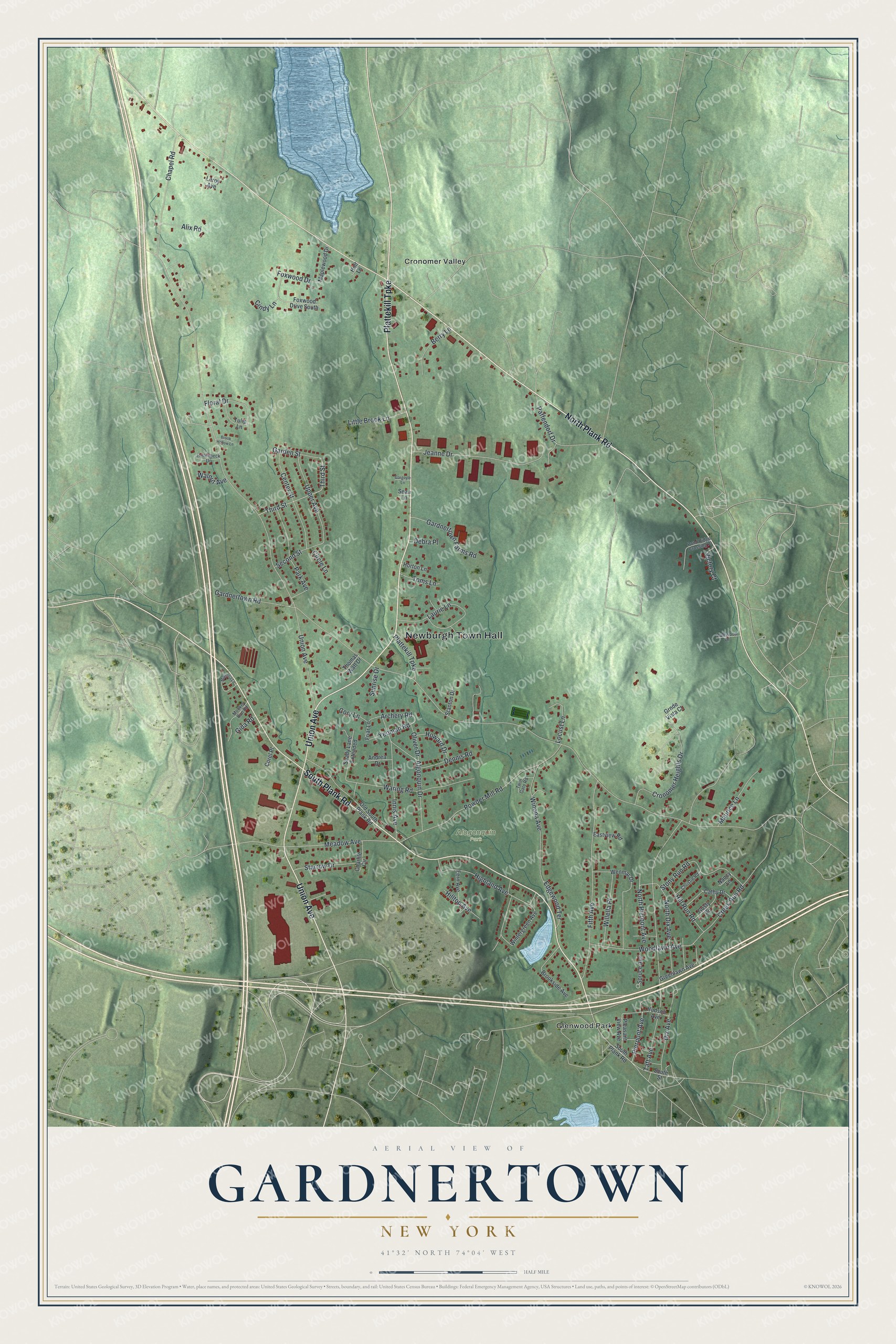 Detailed map of Gardnertown, New York, showing streets, buildings, neighborhoods, and parks