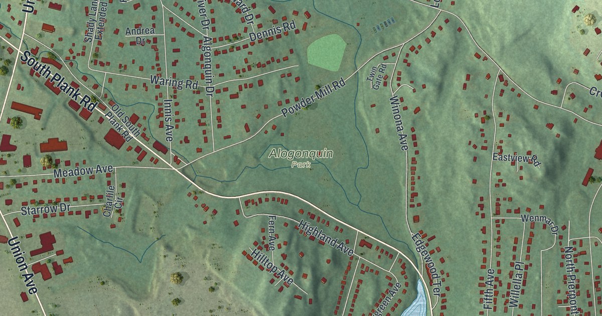 Close-up of streets and buildings in Gardnertown, New York