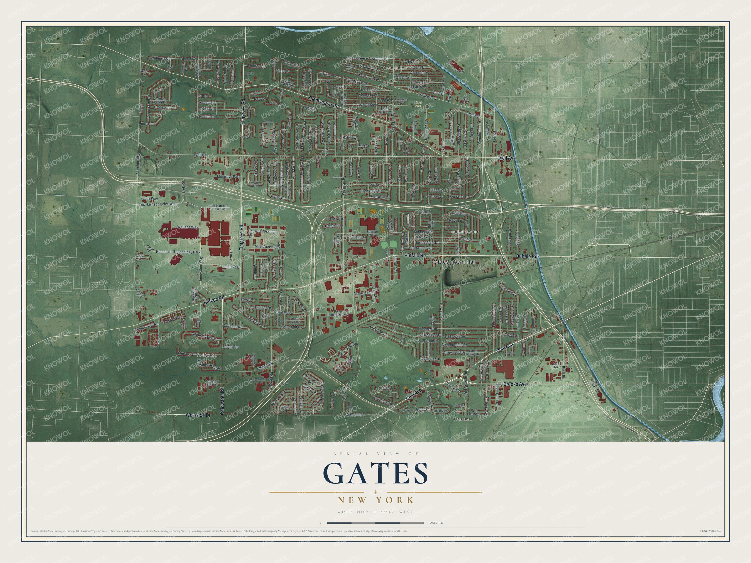Detailed map of Gates, New York, showing streets, buildings, neighborhoods, and parks