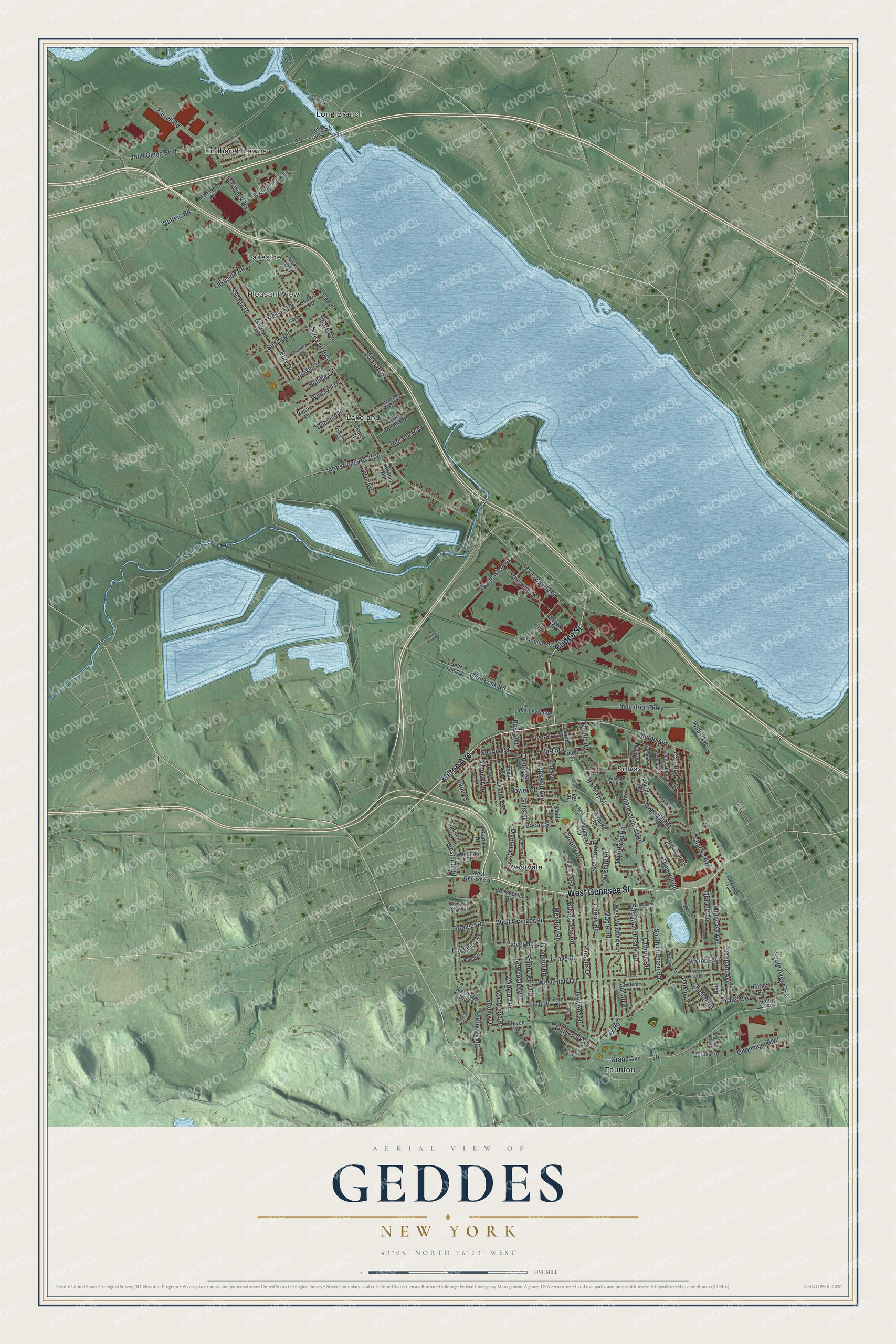 Detailed map of Geddes, New York, showing streets, buildings, and neighborhoods