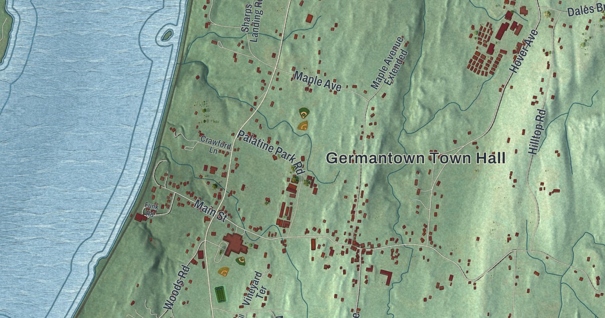 Close-up of streets and buildings in Germantown, New York