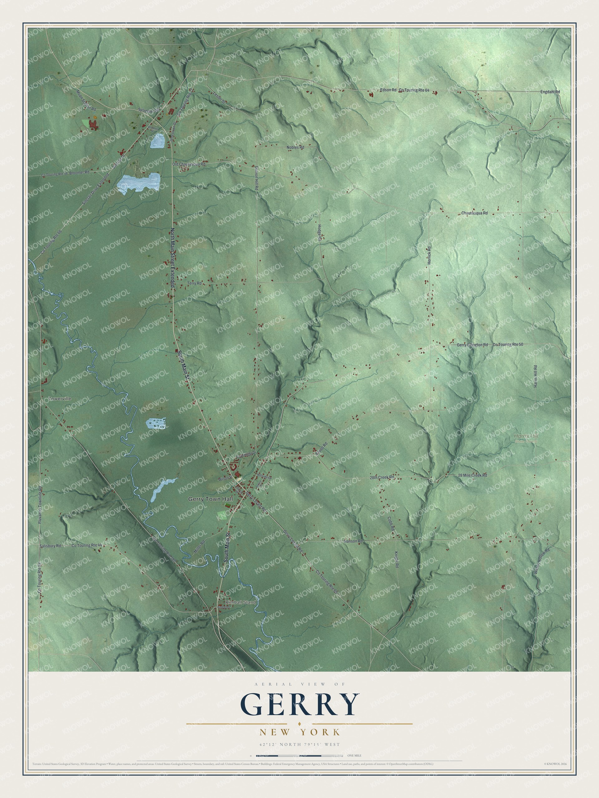 Detailed map of Gerry, New York, showing streets, buildings, neighborhoods, and parks