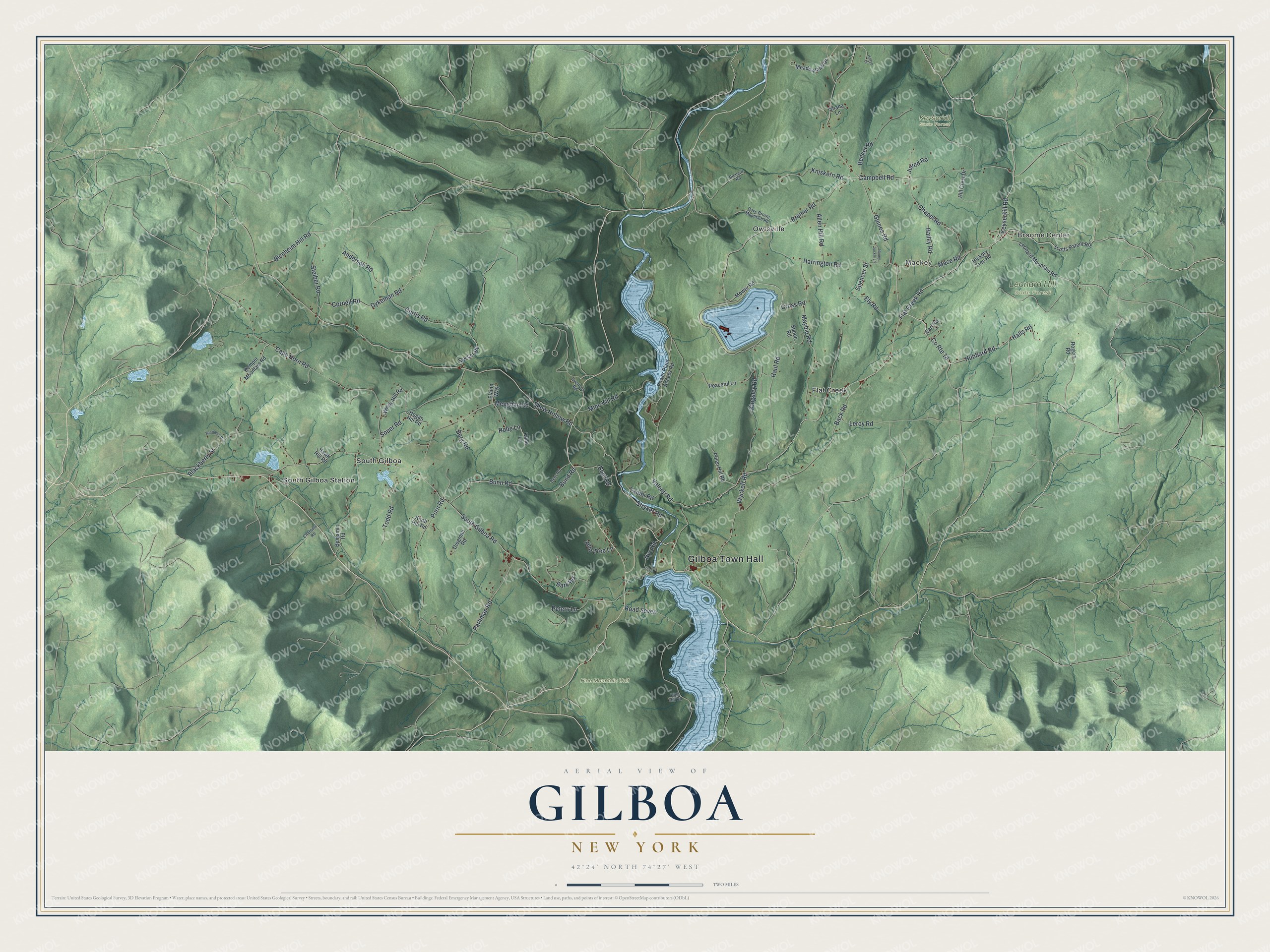 Detailed map of Gilboa, New York, showing streets, buildings, neighborhoods, and parks