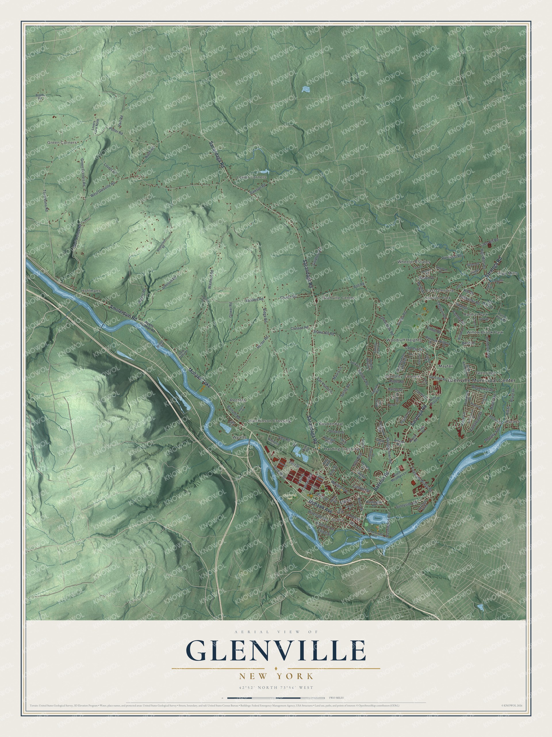 Detailed map of Glenville, New York, showing streets, buildings, neighborhoods, and parks