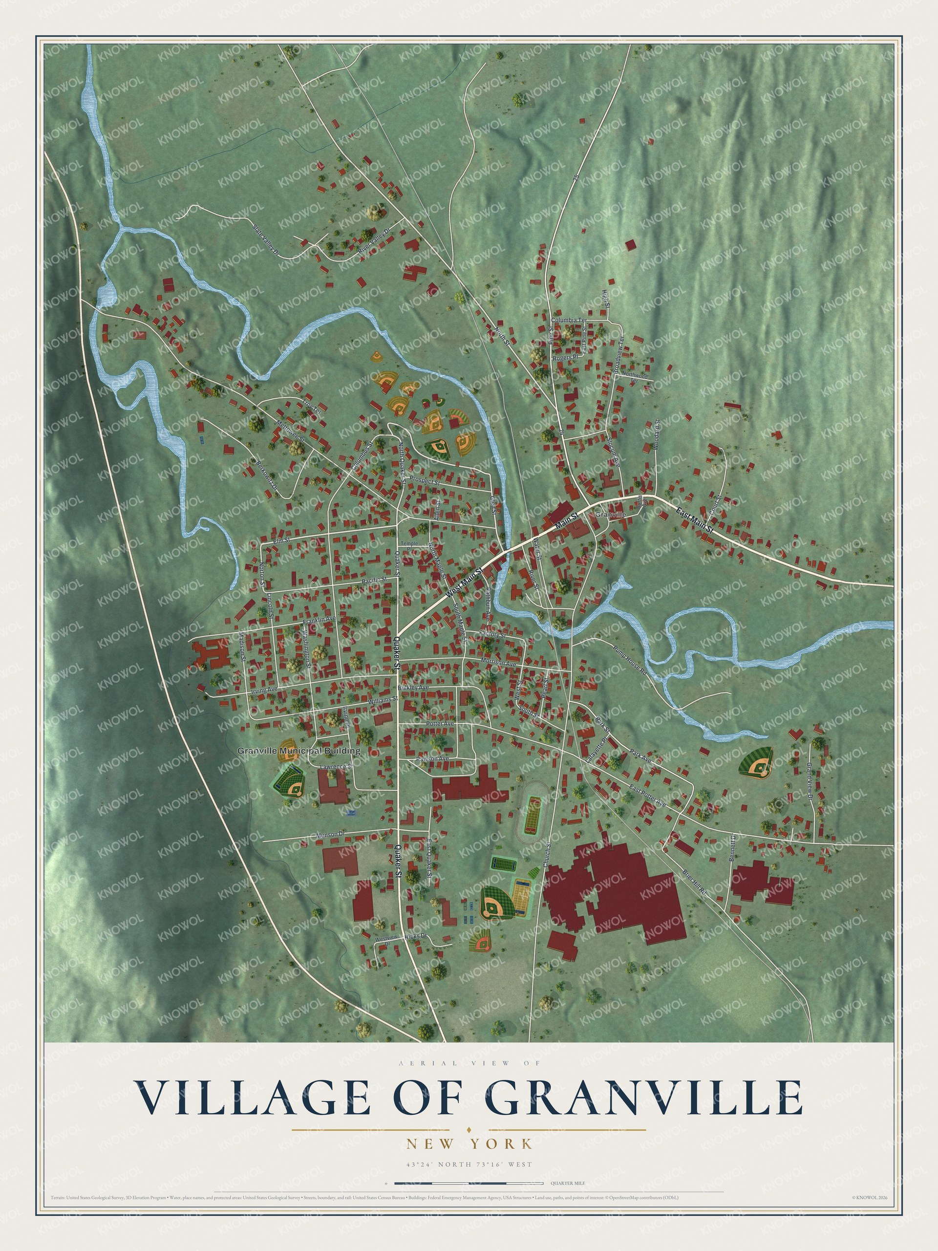 Detailed map of the Village of Granville, New York, showing streets and buildings