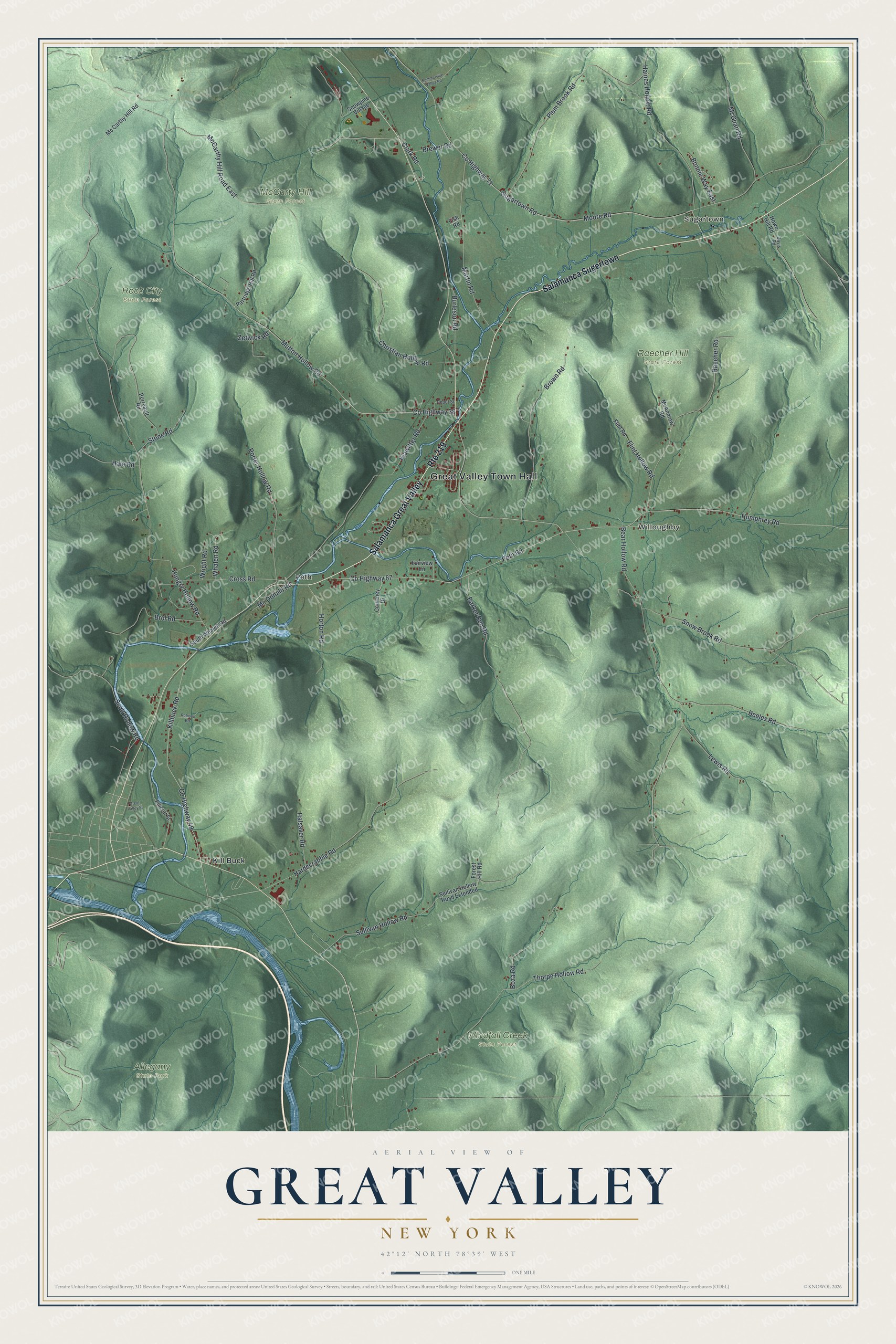 Detailed map of Great Valley, New York, showing streets, buildings, neighborhoods, and parks